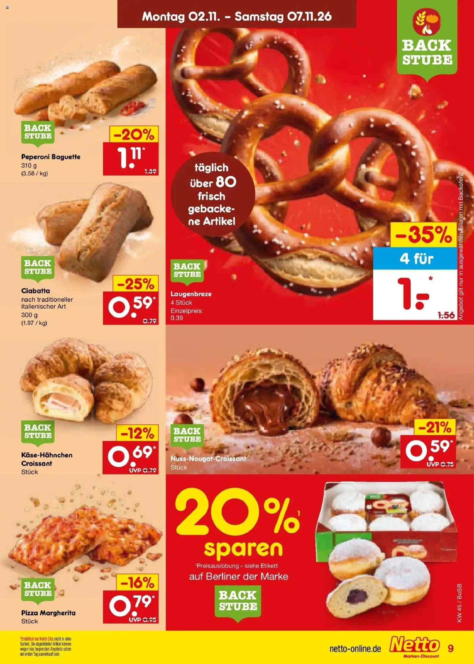 Vorschau von dem Prospekt des Geschäftes Netto Marken-Discount, gültig ab dem 02.11.2026 - Pizza, Croissant, Baguette, Backofen, Berliner