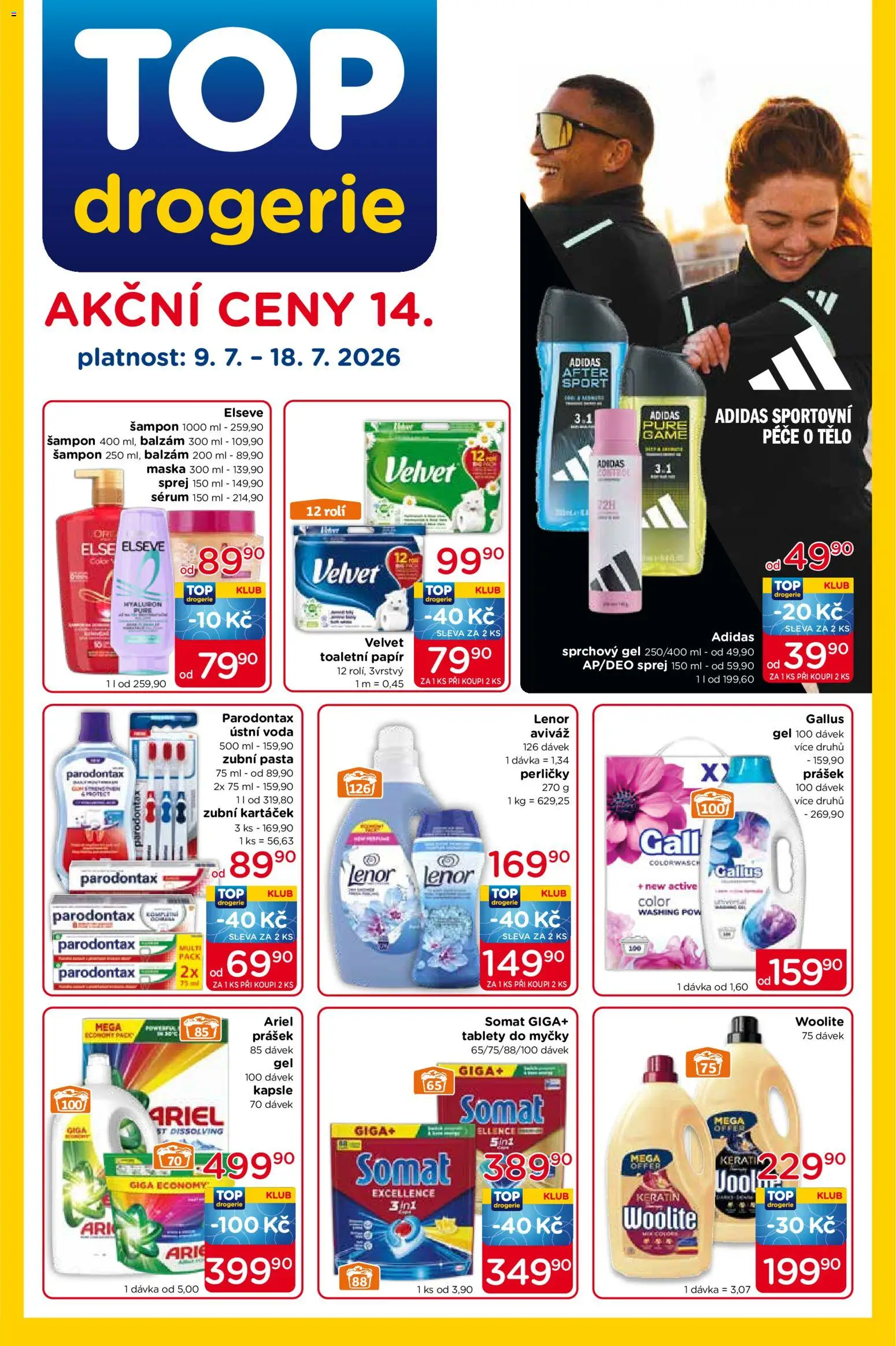 Náhled nabídky: Top drogerie Top drogerie leták platný od 09.07.2026 - Drogerie, Voda, Maska, Ariel, Parodontax, Zubní pasta, Ústní voda, Somat