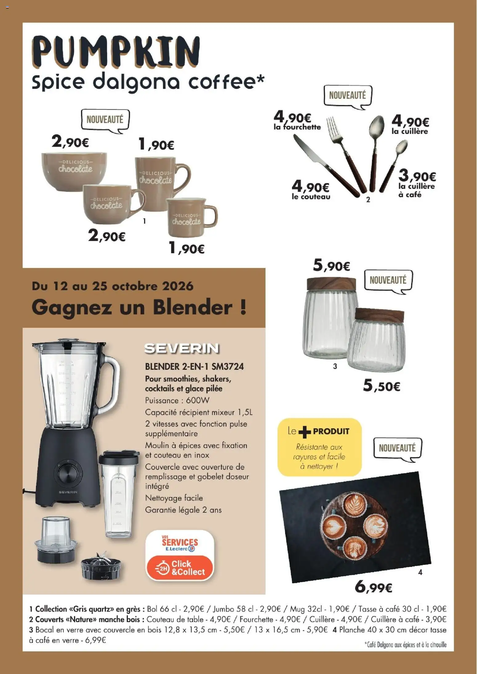 Prévisualisation de E.Leclerc La table d'automne 2026 du magasin E.Leclerc formulaire valide 01/09/2026 - Café, Blender, Table, Citrouille, Mixeur, Cuillère, Épices, Moulin à épices