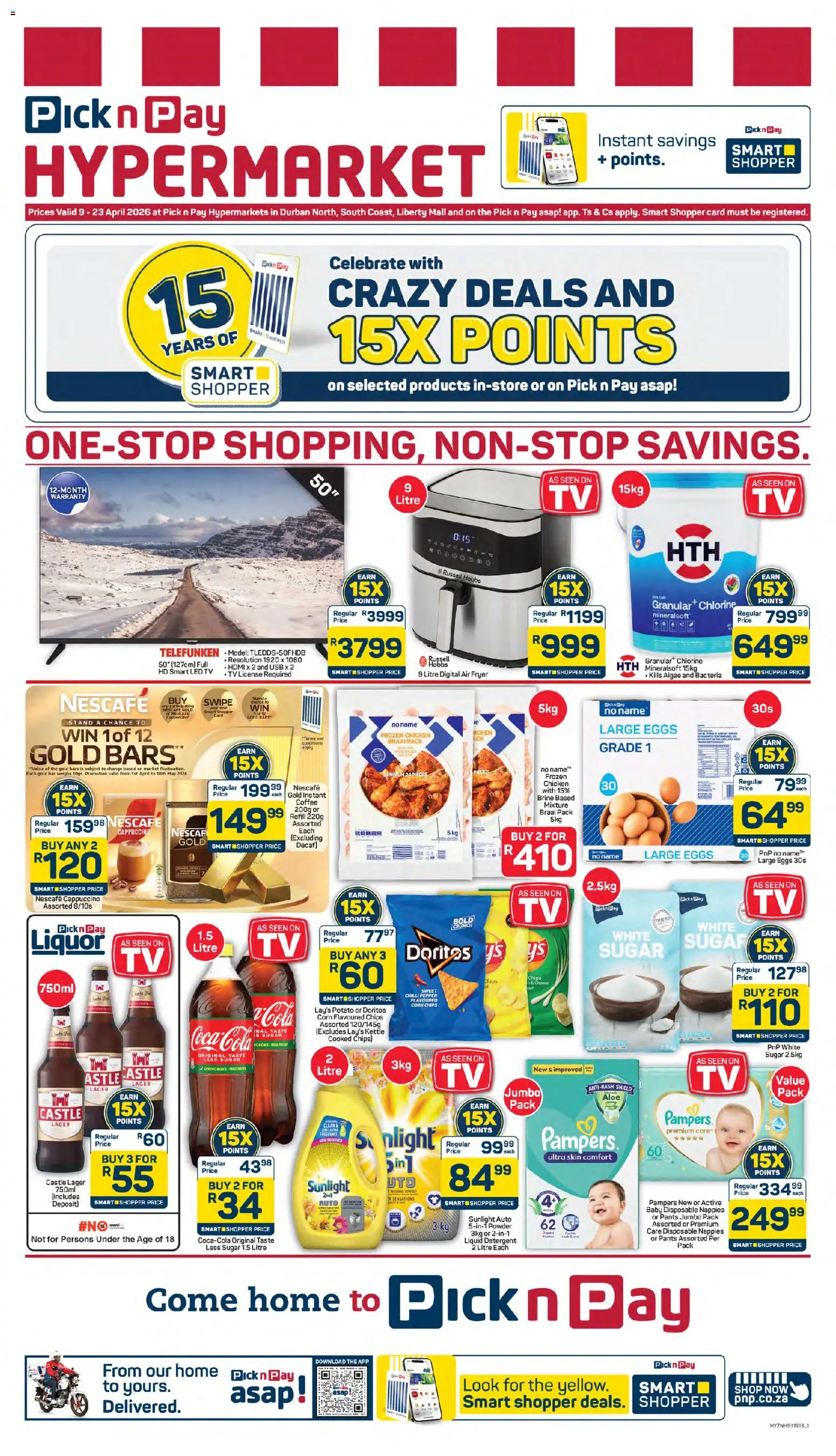 Preview of Pick n Pay flyer valid from 09/04/2026 - Coffee, Kettle, Eggs, Chips, Pants, Powder, Fryer, Frozen chicken
