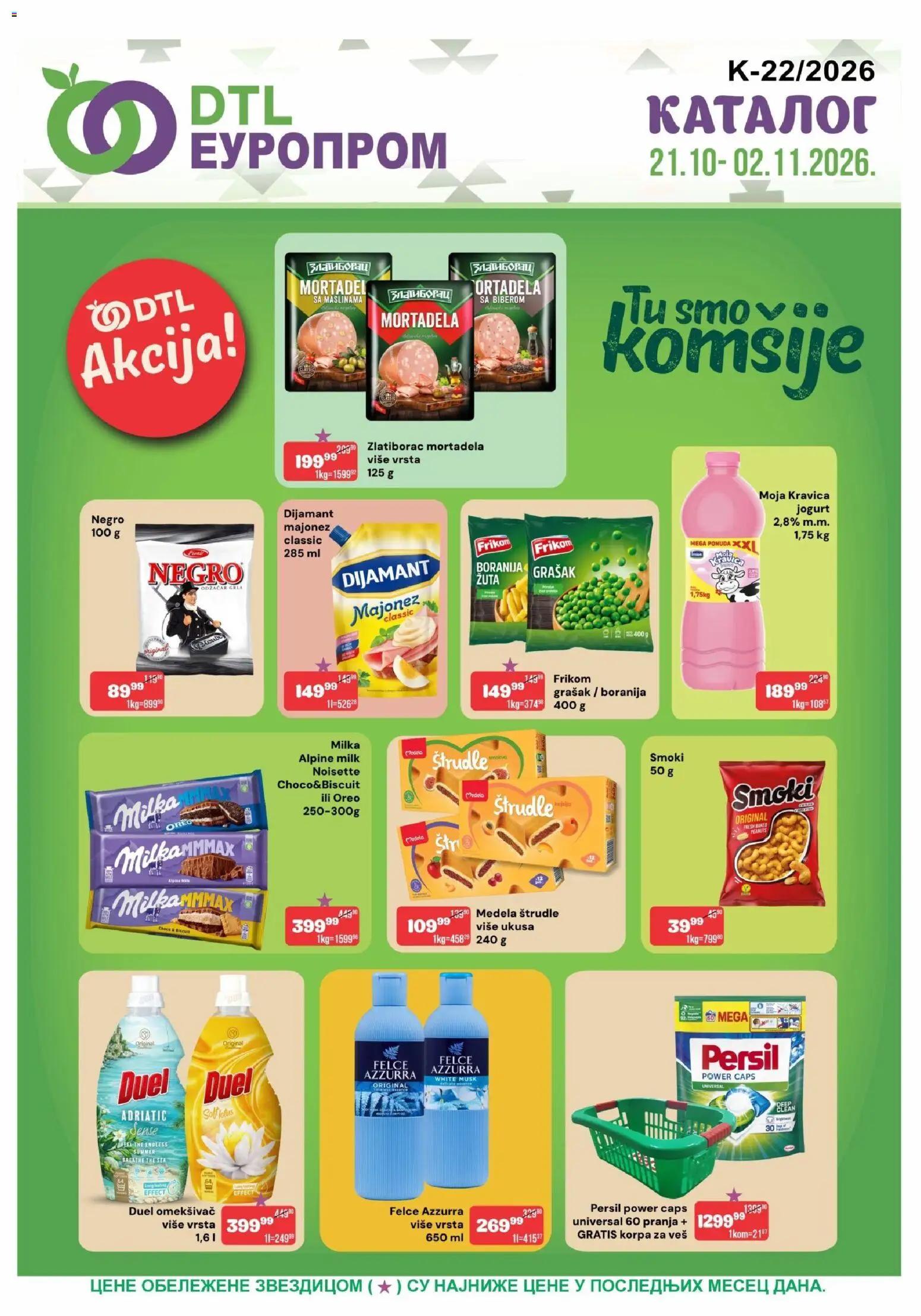 Pregled Europrom kataloga - važi od 21.10.2026 - Grašak, Lotus, Korpa, Mortadela, Moja kravica, Majonez, Persil, Omekšivač