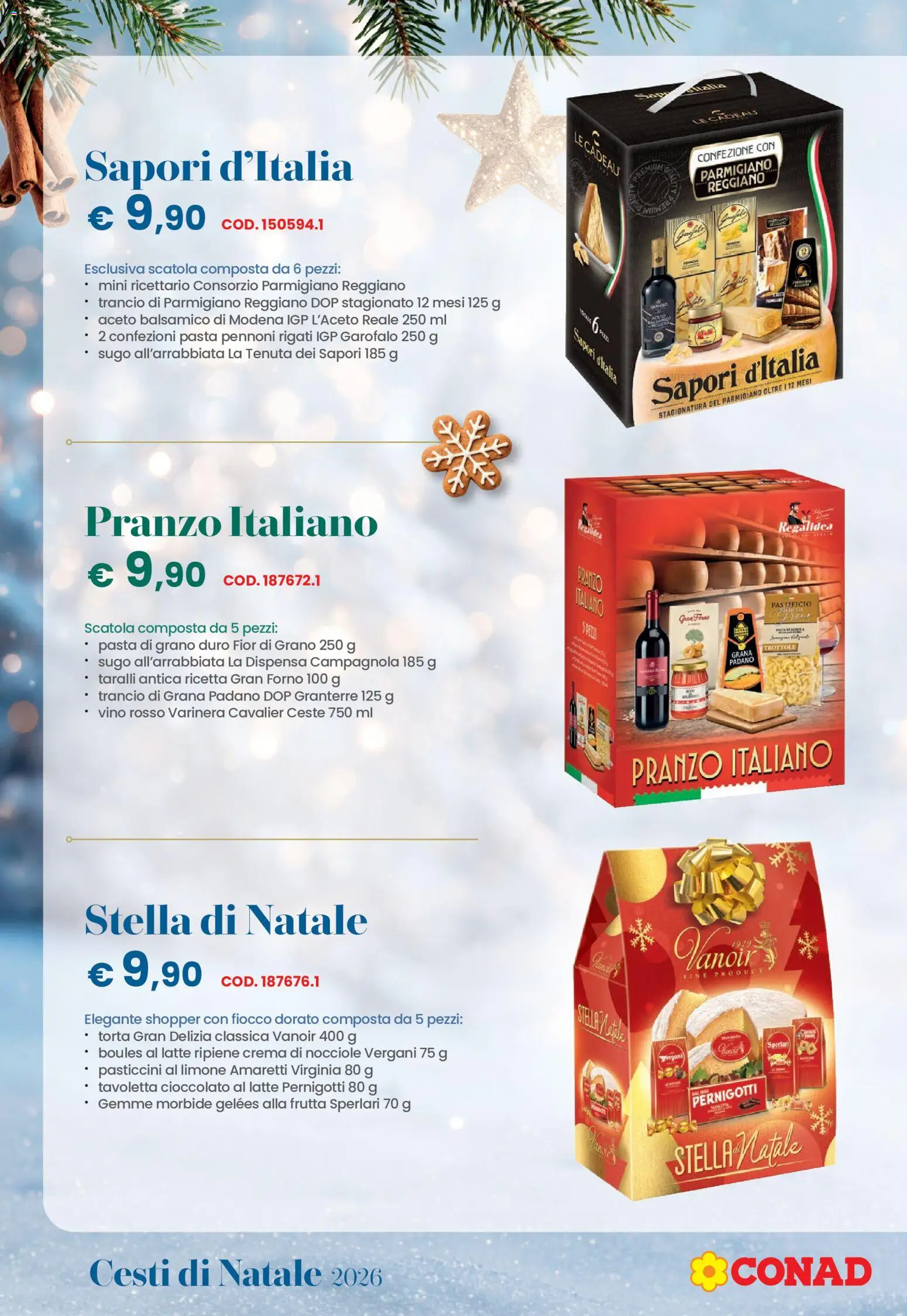 Anteprima dell'opuscolo Conad volantino Natale Lombardia dal negozio Conad valido da 26/10/2026 - Torta, Vino, Cioccolato, Frutta, Grana Padano, Parmigiano, Vino rosso, Scatola