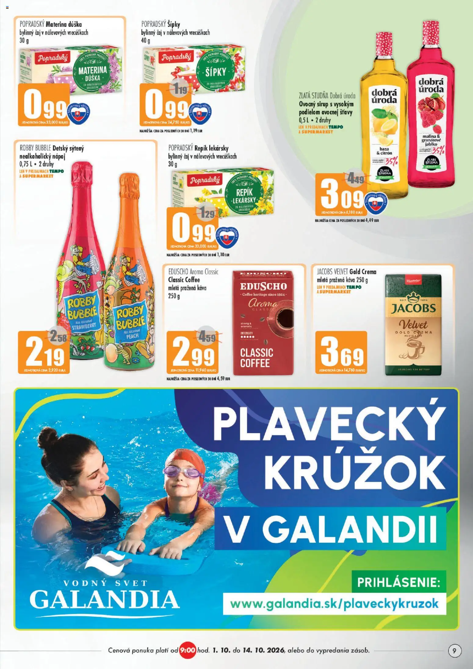 Náhľad COOP Jednota letáku platného od 01.10.2026 - Káva, Čaj, Sirup, Cola, Jacobs Velvet, Ovocný sirup, Bylinný čaj