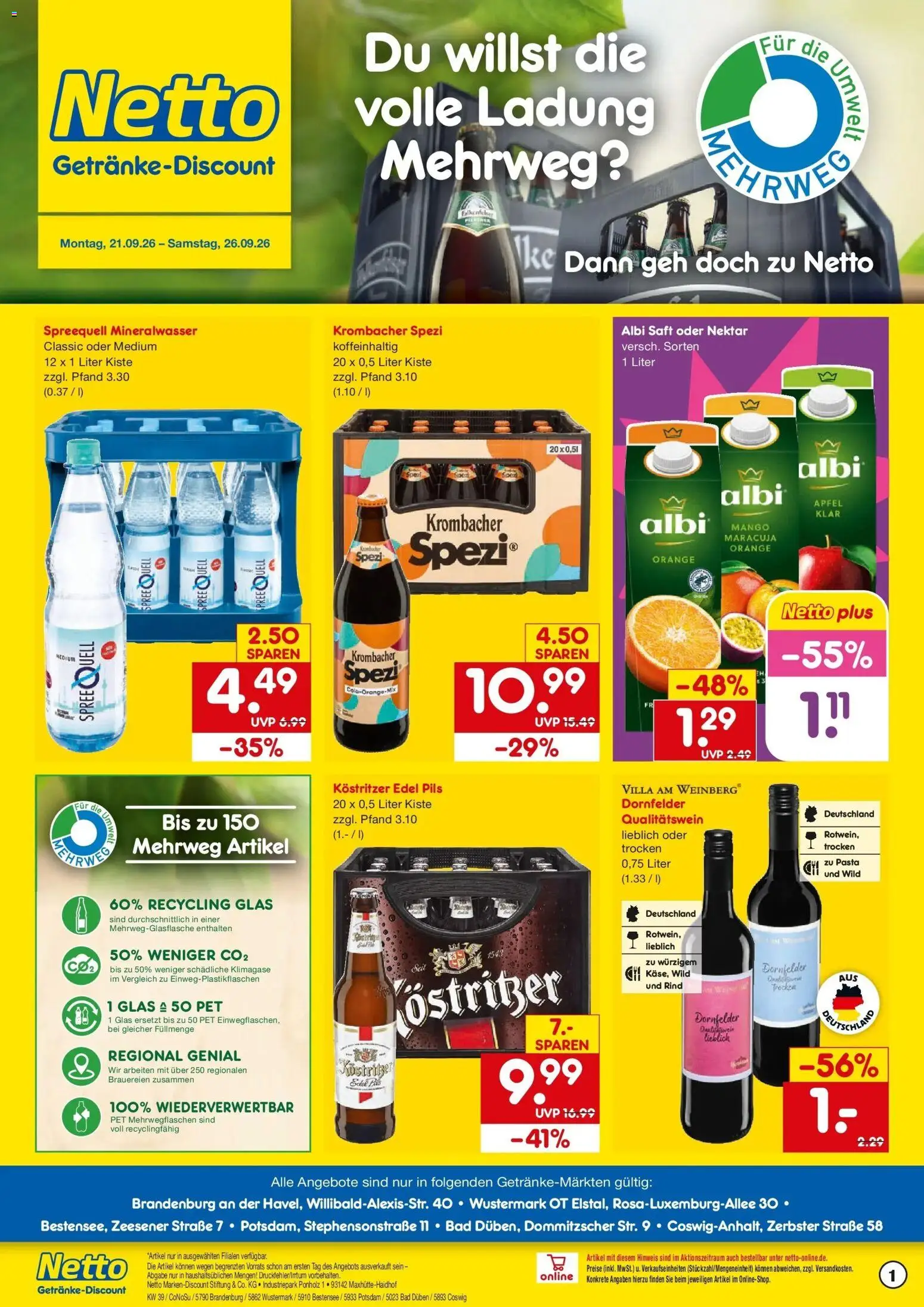 Vorschau von dem Prospekt des Geschäftes Netto Marken-Discount, gültig ab dem 21.09.2026 - Mango, Pasta, Äpfel, Bad, Mineralwasser, Saft, Pils, Kostritzer