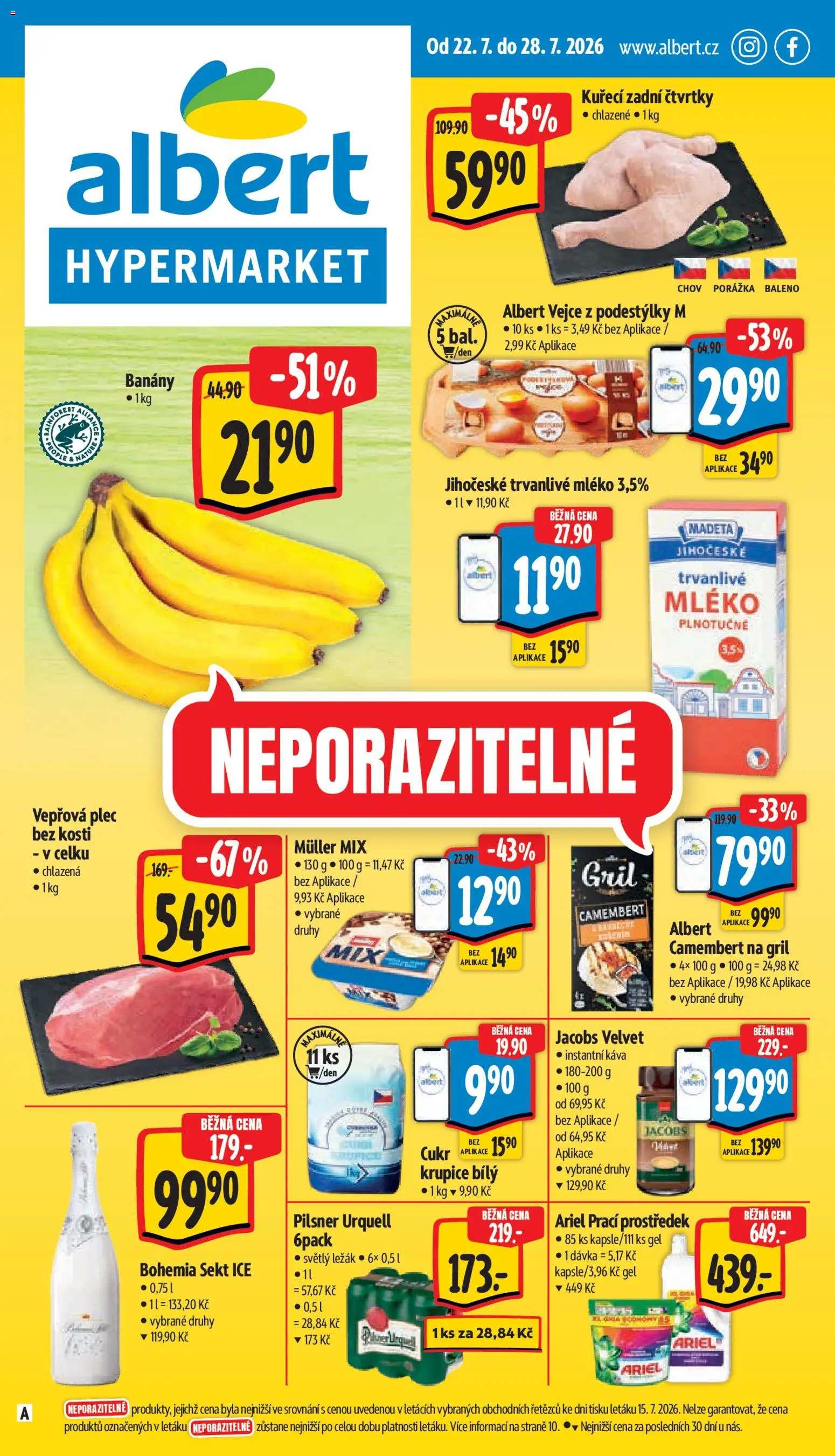 Náhled nabídky: Albert Albert leták - Hypermarket platný od 22.07.2026 - Vejce, Bohemia sekt, Cukr, Ariel, Cukr krupice, Velvet, Camembert, Jacobs