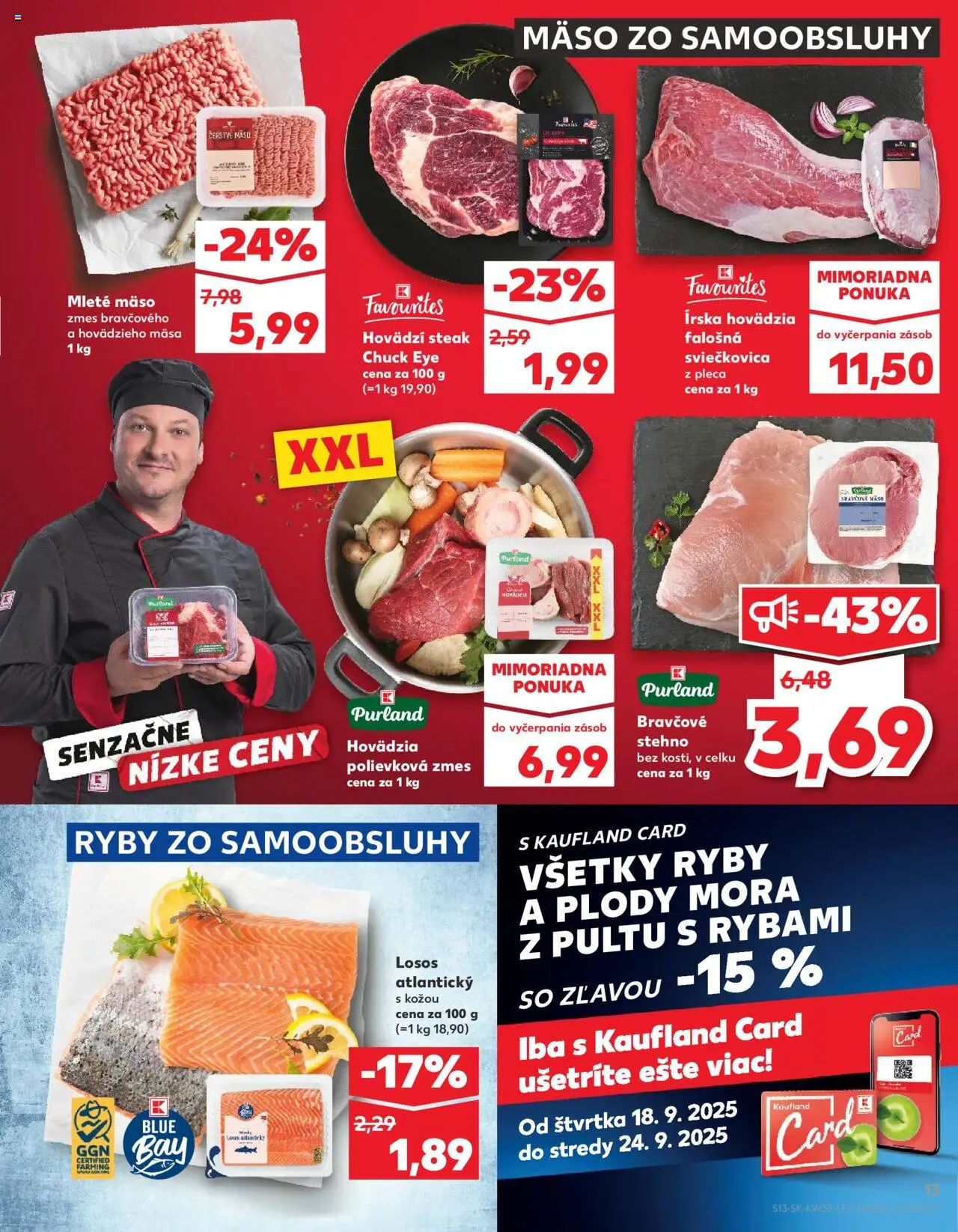 Náhľad Kaufland letáku platného od 18.09.2025 - Mäso, Steak, Ryby, Losos, Bravčové stehno, Mleté mäso
