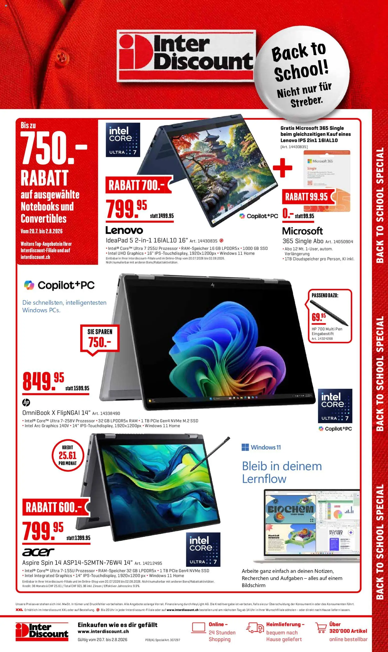 Vorschau des Merkblatts Interdiscount aktionen Back to school vom Shop Interdiscount gültig von 20.07.2026 bis 02.08.2026 - Uhr, Lenovo, HP, Bildschirm