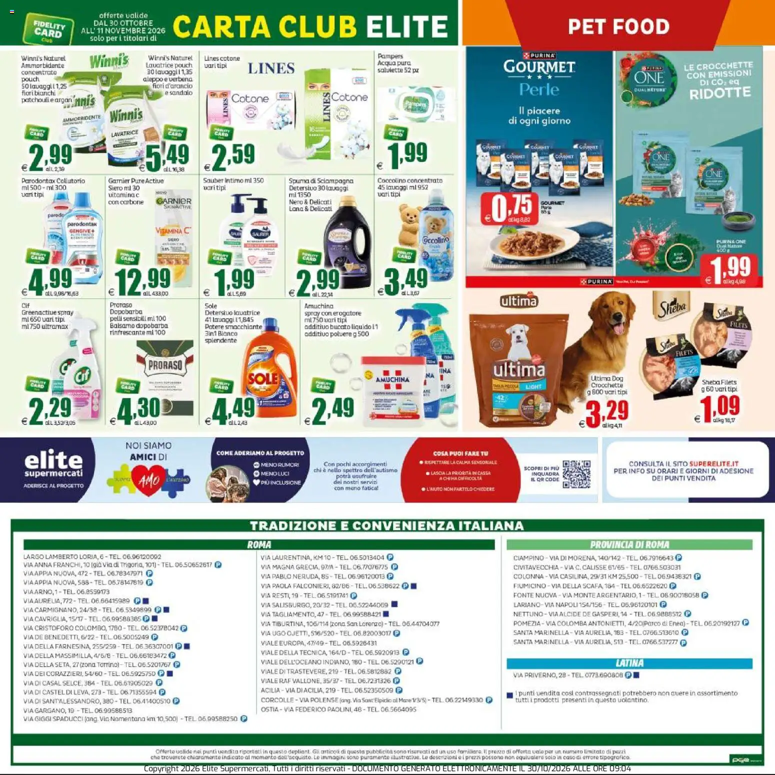 Anteprima dell'opuscolo Elite Supermercati volantino dal negozio Elite Supermercati valido da 30/10/2026 - Fiori, Pampers, Carbone, Intimo, Ammorbidente, Balsamo, Crocchette, Dopobarba