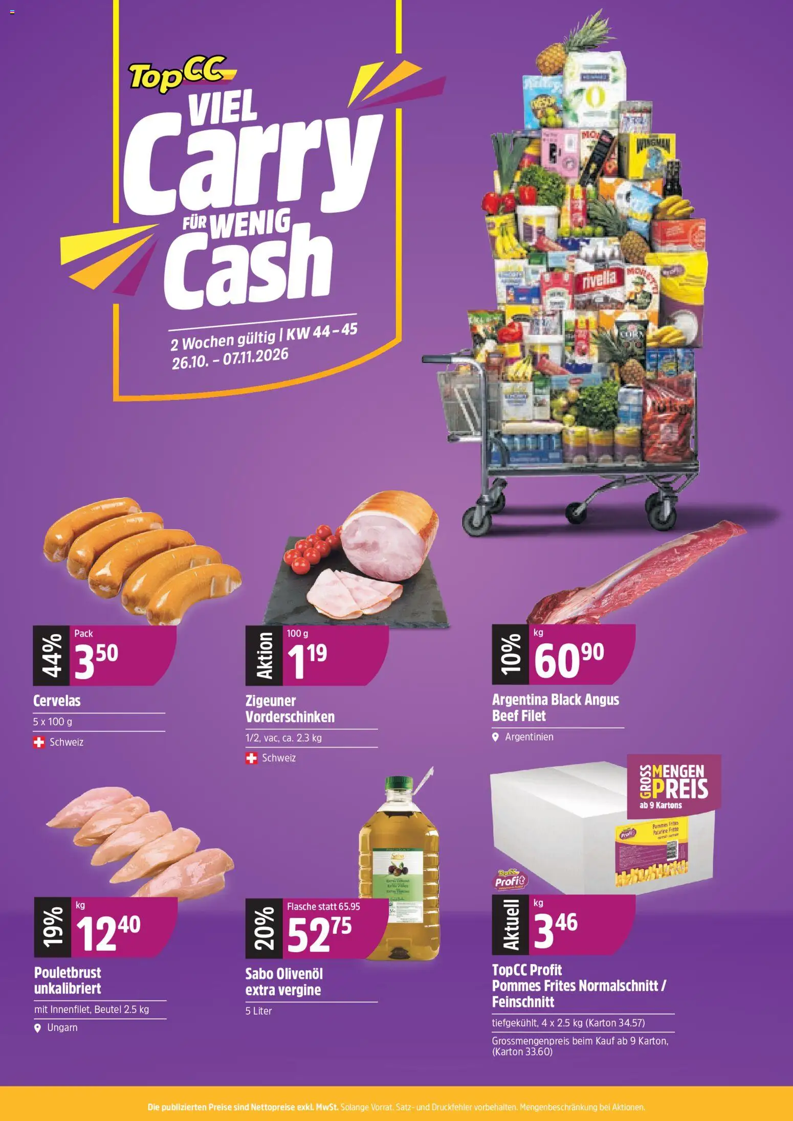 Vorschau des Merkblatts TopCC aktionen Viel Carry für wenig Cash vom Shop TopCC gültig von 26.10.2026 bis 07.11.2026 - Pommes Frites, Pouletbrust