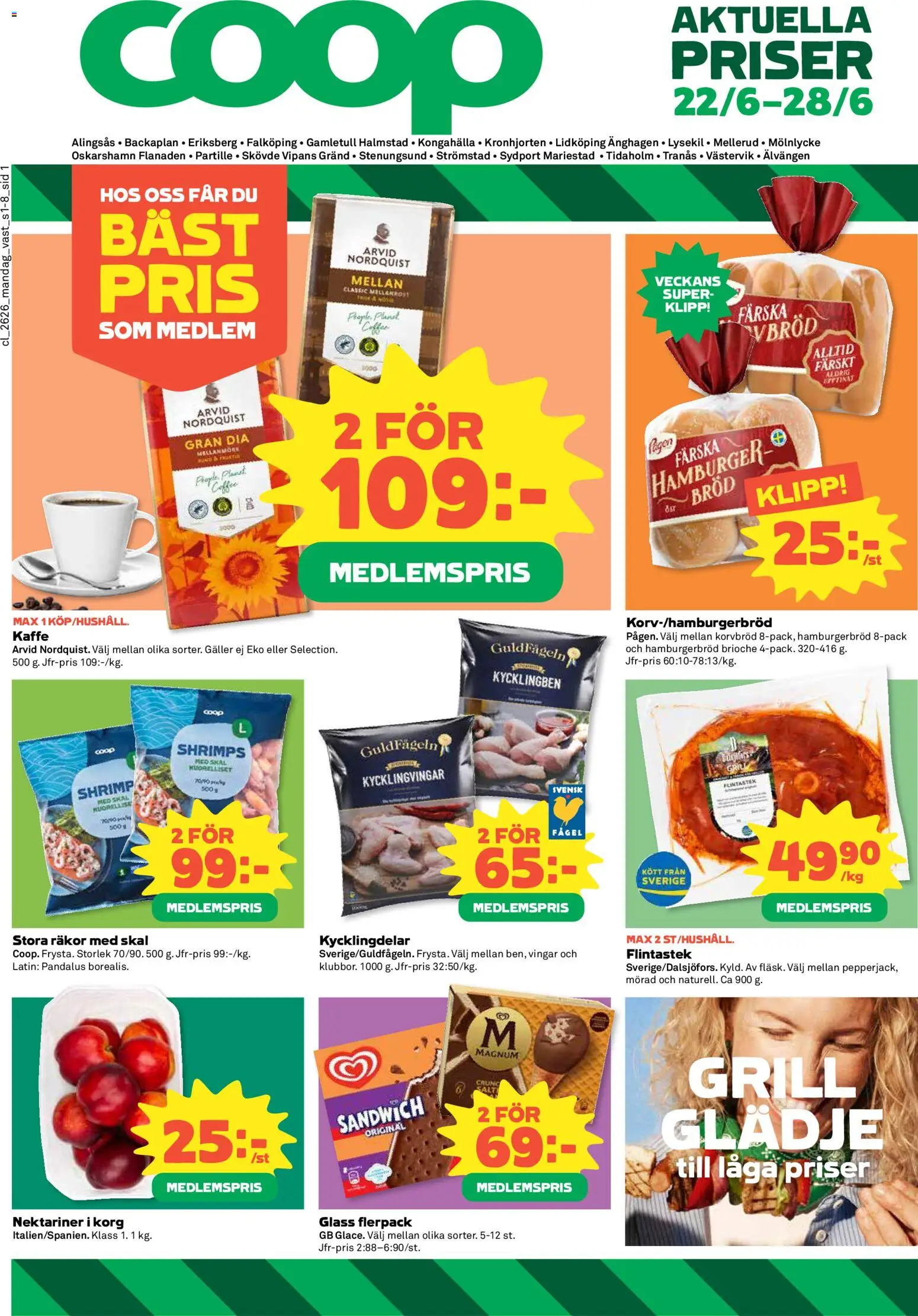 Förhandsgranska reklamblad Coop erbjudanden från butik Coop gäller från 22/06/2026 - Grill, Korg, Räkor, Brioche, Magnum, Hamburgerbröd, Kycklingvingar, Kycklingdelar