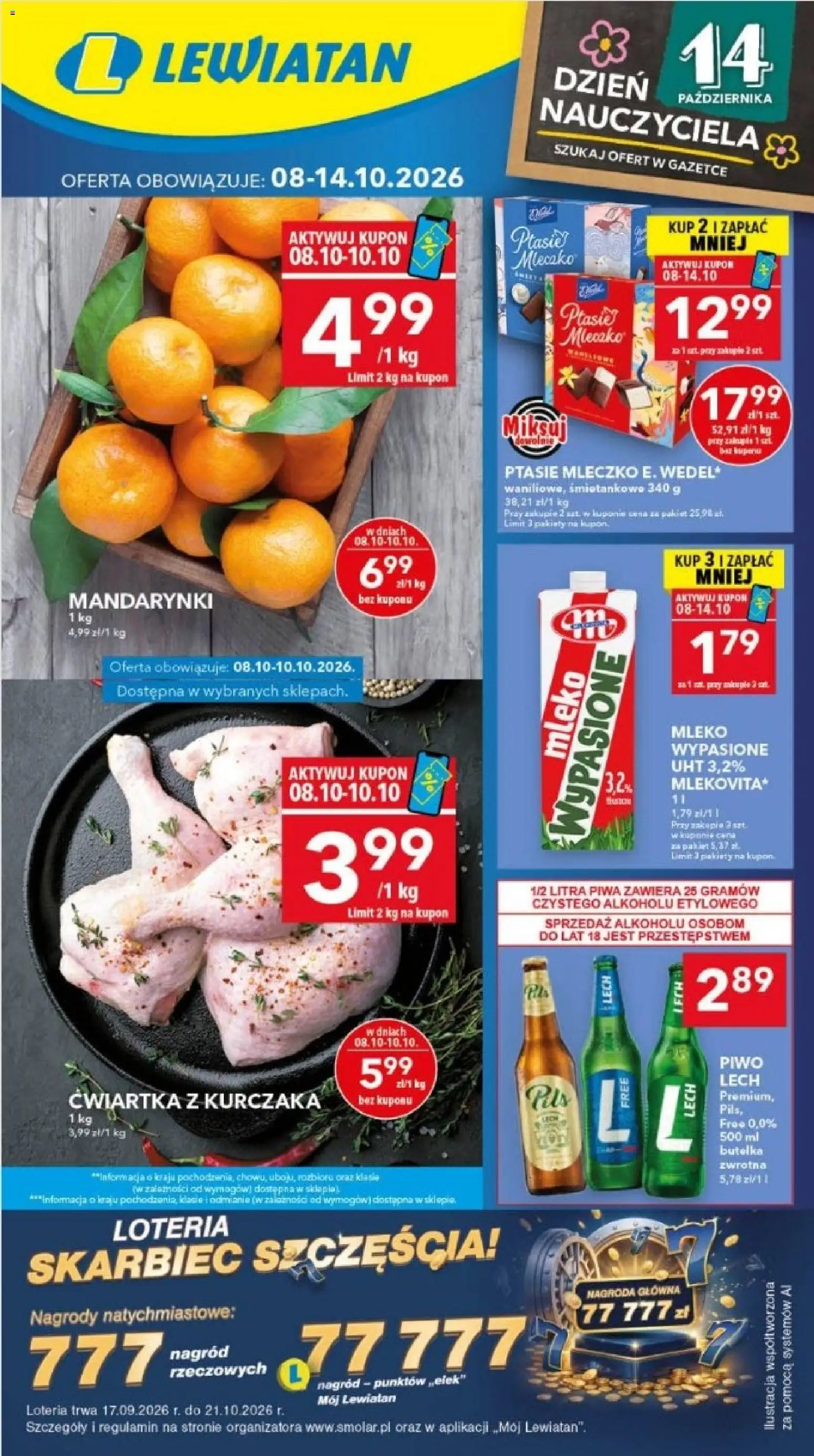 Pogląd gazetki "Lewiatan gazetka - Ostrów Wielkopolski" ze sklepu Lewiatan ważnej od 08.10.2026 - Lech, Piwo, Mleko, Ptasie mleczko, Mandarynki, Ćwiartka z kurczaka, Mleko wypasione