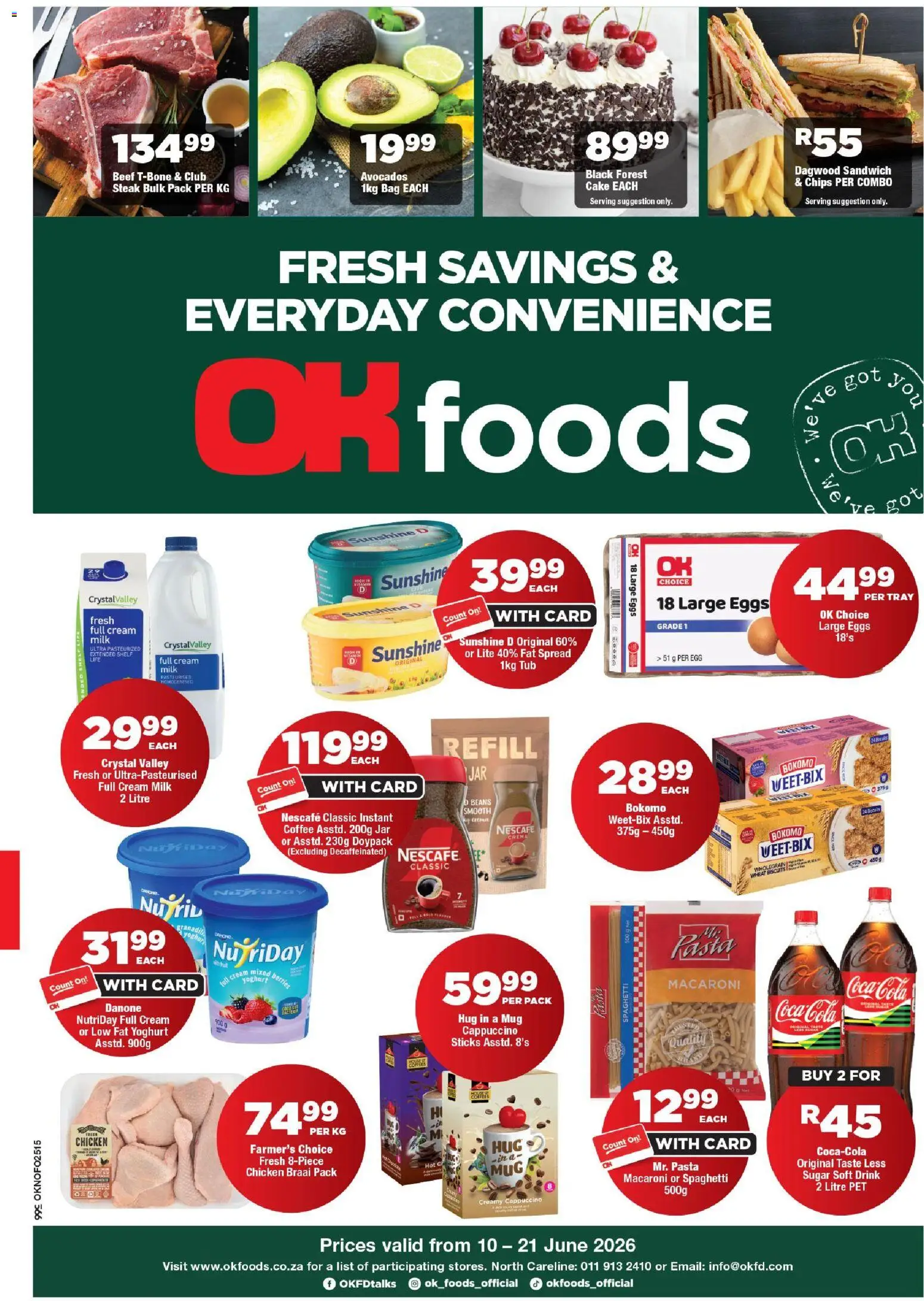 Preview of OK Foods flyer valid from 10/06/2026 - Bag, Milk, Chips, Spaghetti, Beans, Beef, Tray, Fat spread
