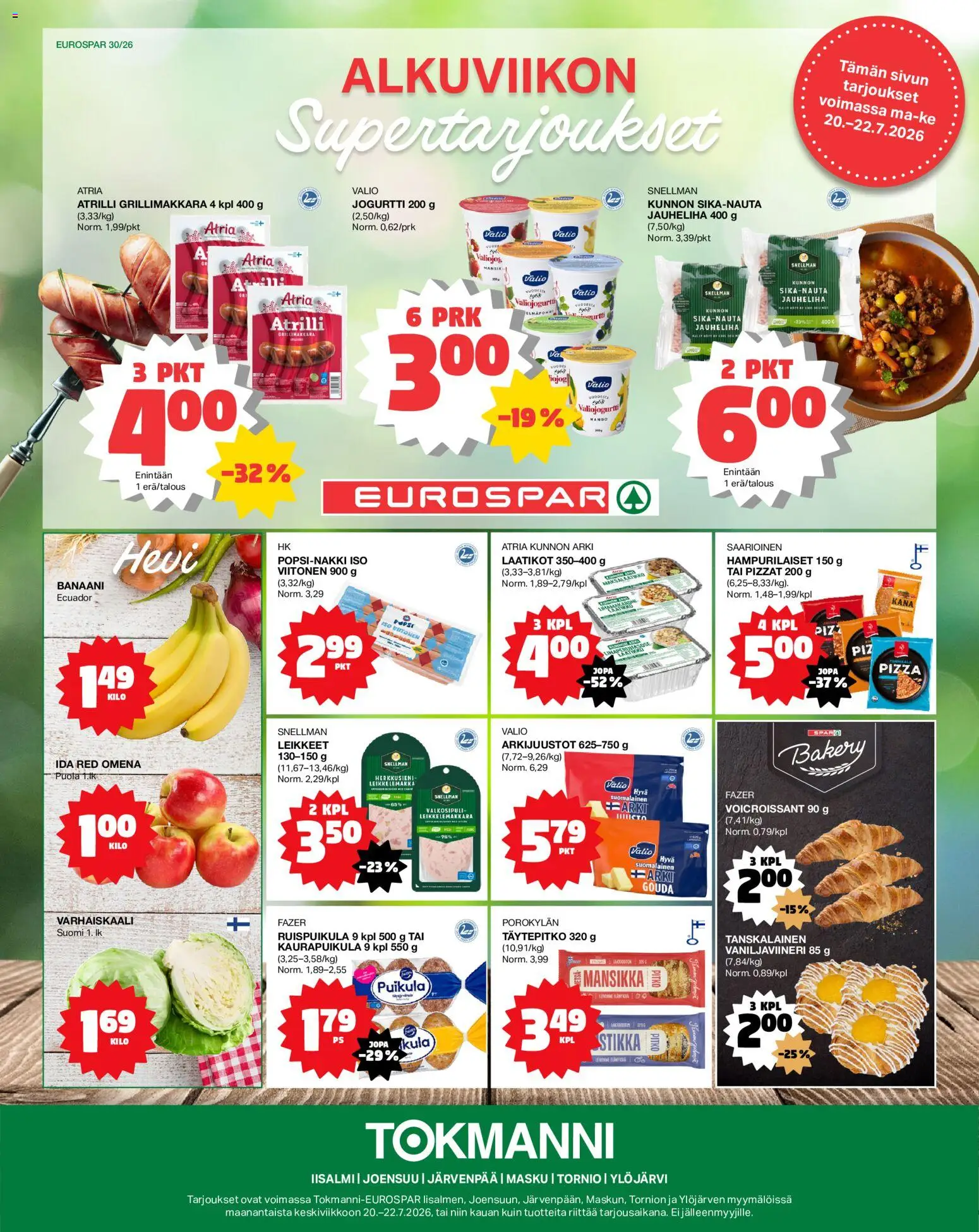 Kaupan Tokmanni Tokmanni - EUROSPAR esikatselu, voimassa 20/07/2026 - Pizza, Mango, Jauheliha, Kana, Valkosipuli, Jogurtti, Grillimakkara