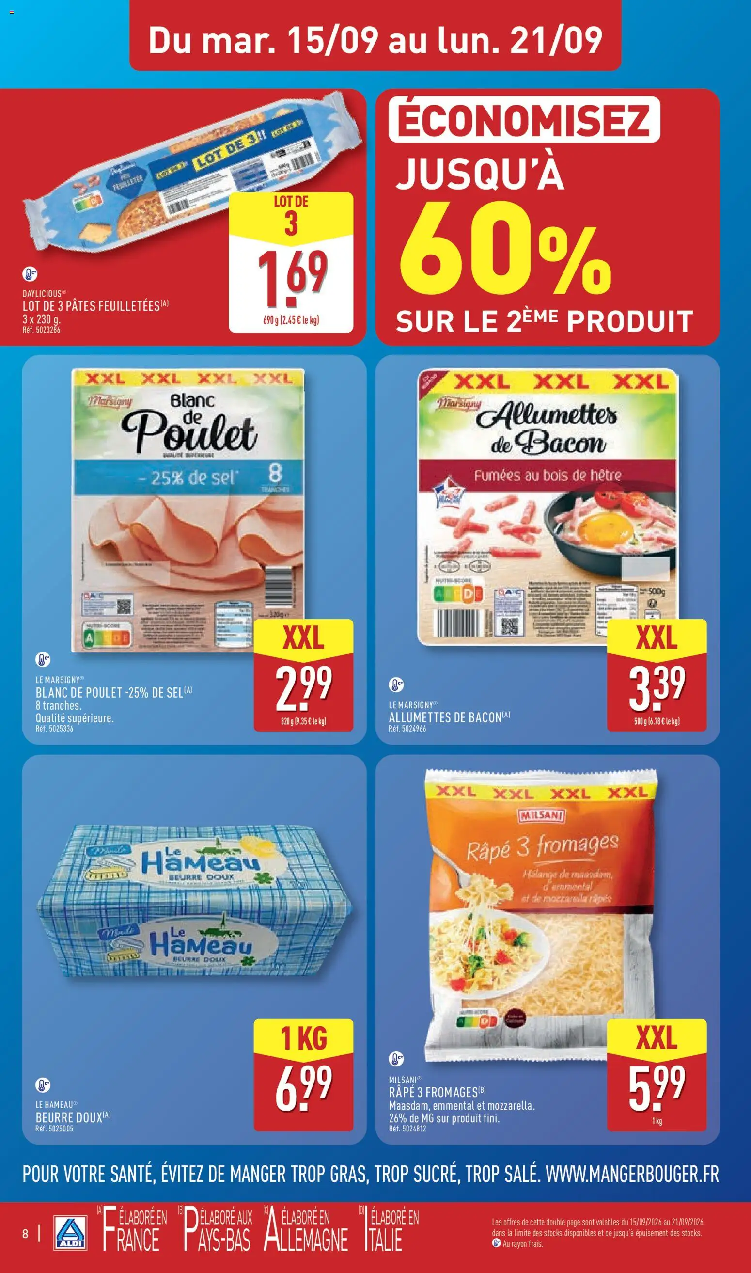 Prévisualisation de Aldi catalogue du magasin Aldi formulaire valide 15/09/2026 - Poulet, Mozzarella, Beurre, Sel, Emmental, Beurre doux, Râpe, Beurre doux le hameau