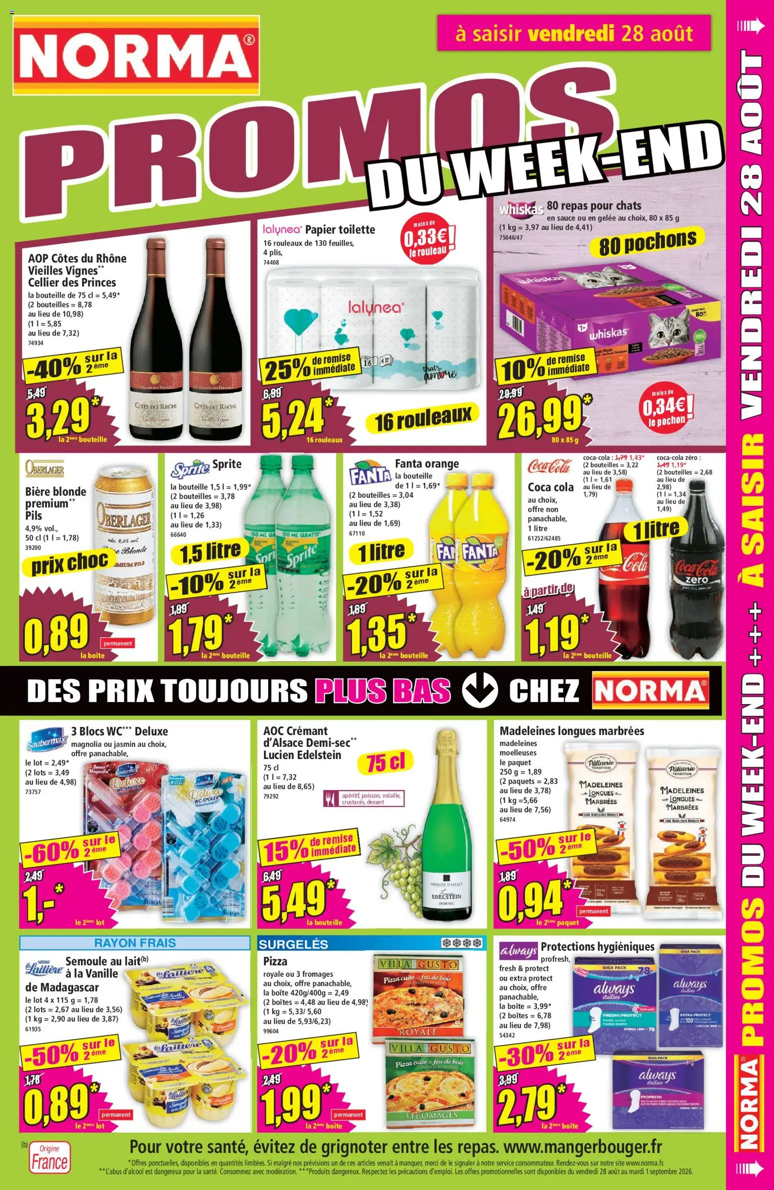 Prévisualisation de Norma catalogue du magasin Norma formulaire valide 26/08/2026 - Madeleines, Dessert, Coca cola, Fanta, Sprite, Bière blonde, Rouleau, Gelée