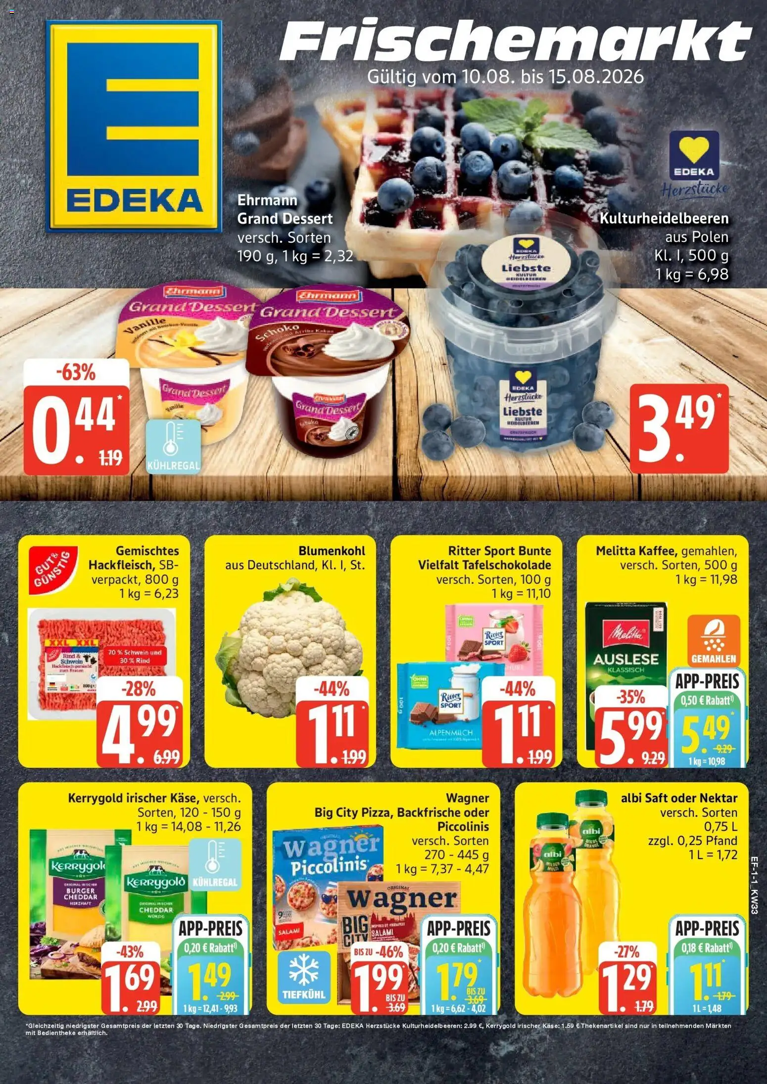 Vorschau von dem Prospekt des Geschäftes Edeka, gültig ab dem 10.08.2026 - Burger, Käse, Blumenkohl, Ritter sport, Heidelbeeren, Piccolinis, Vanille, Saft