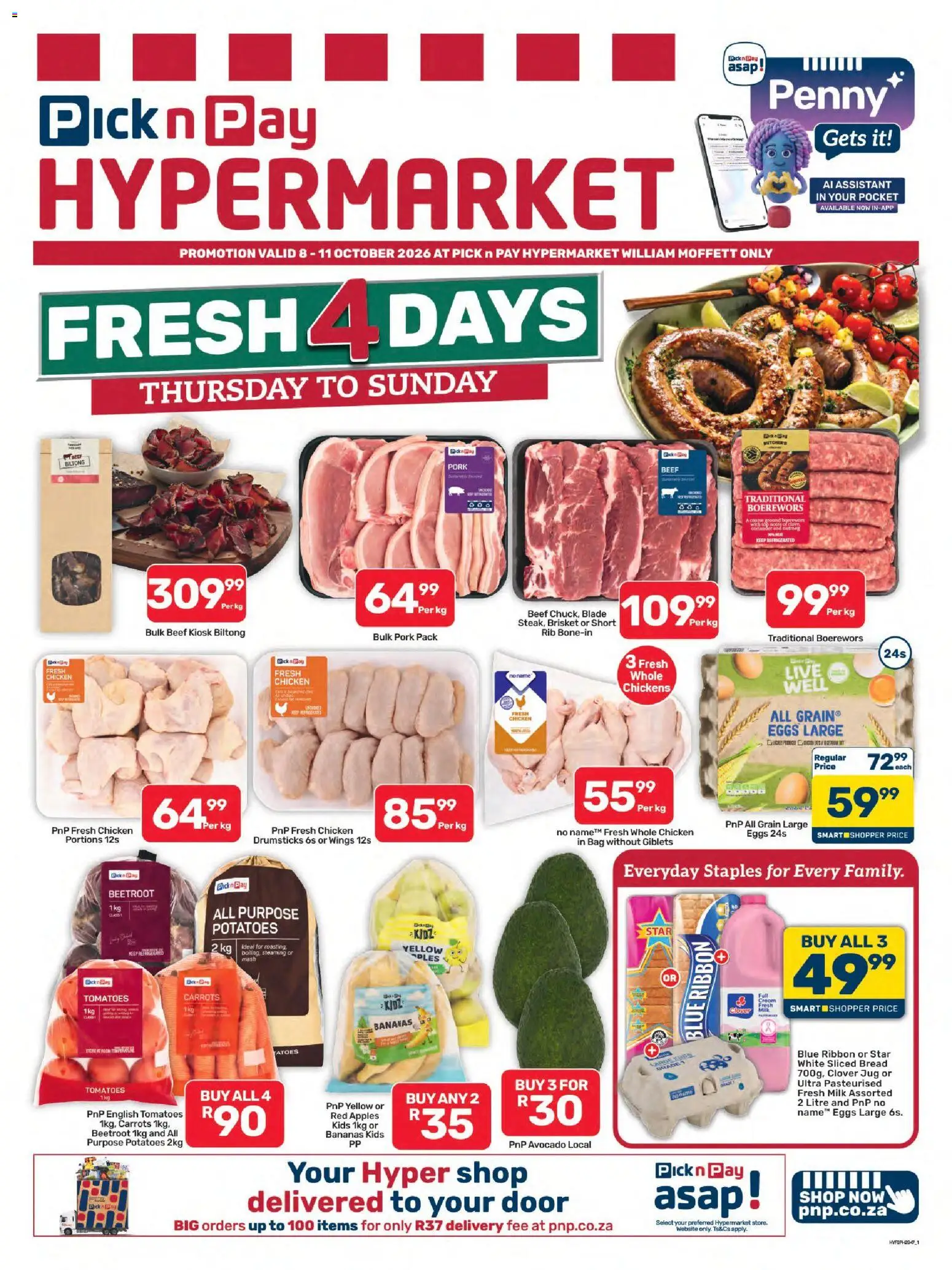 Preview of Pick n Pay flyer valid from 08/10/2026 - Apples, Chicken, Eggs, Bread, Potatoes, Boerewors, Carrots, Pork