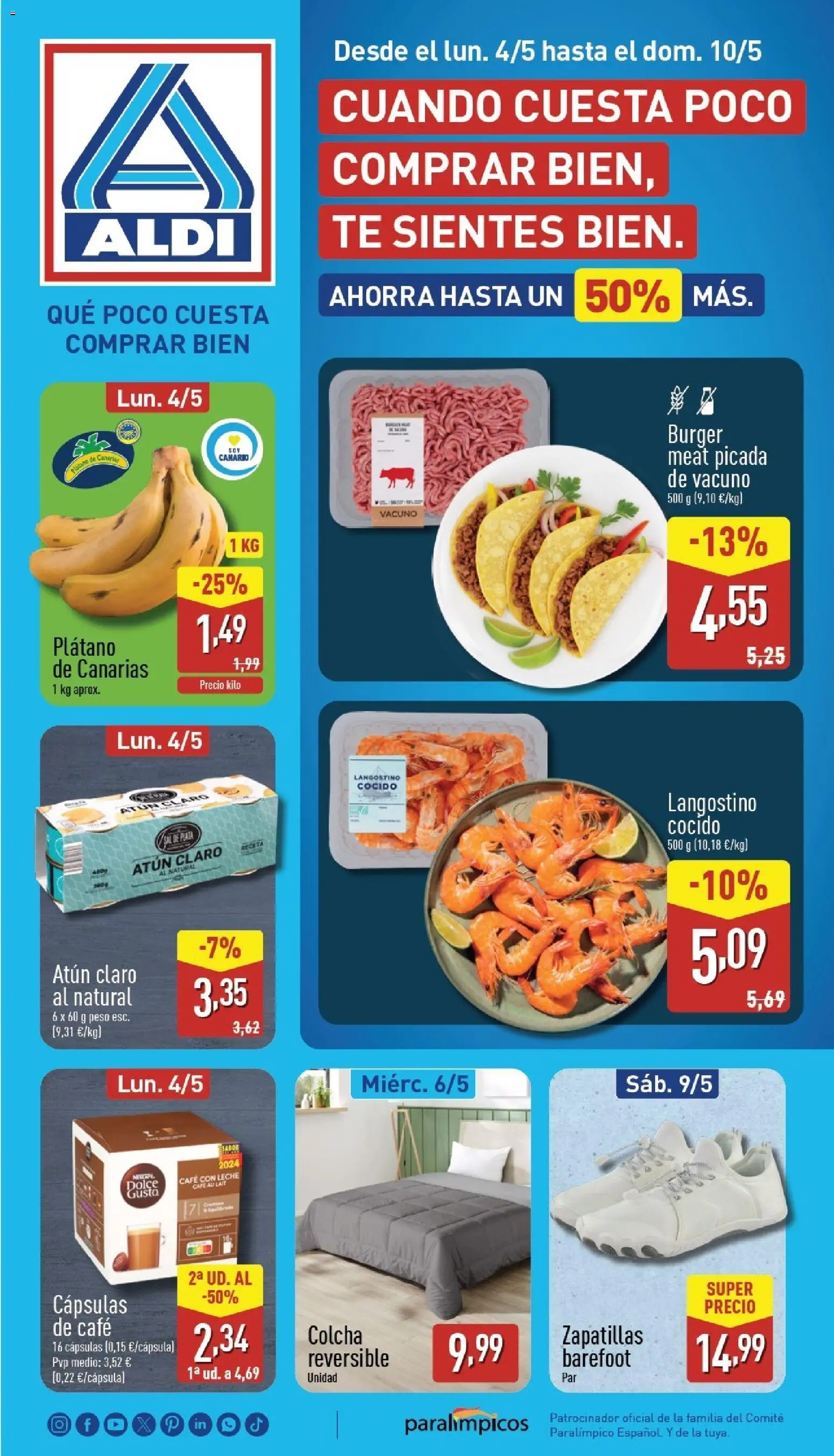 Vista previa del folleto de la tienda Aldi válido desde el 04/05/2026 - Té, Atún, Sal, Café con leche, Peso, Colcha, Langostino, Cápsulas