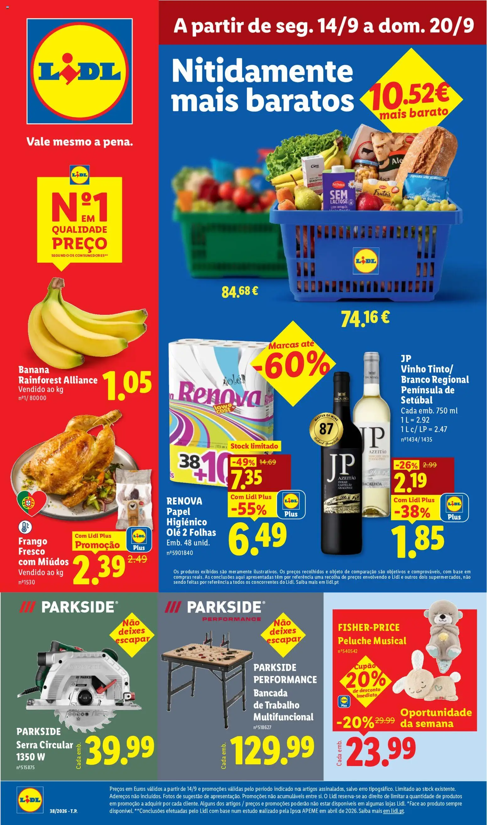 Pré-visualização do folheto da loja Lidl válida a partir de 14/09/2026 - Vinho, Frutas, Banana, Frango, Base, Papel higiénico, Bancada