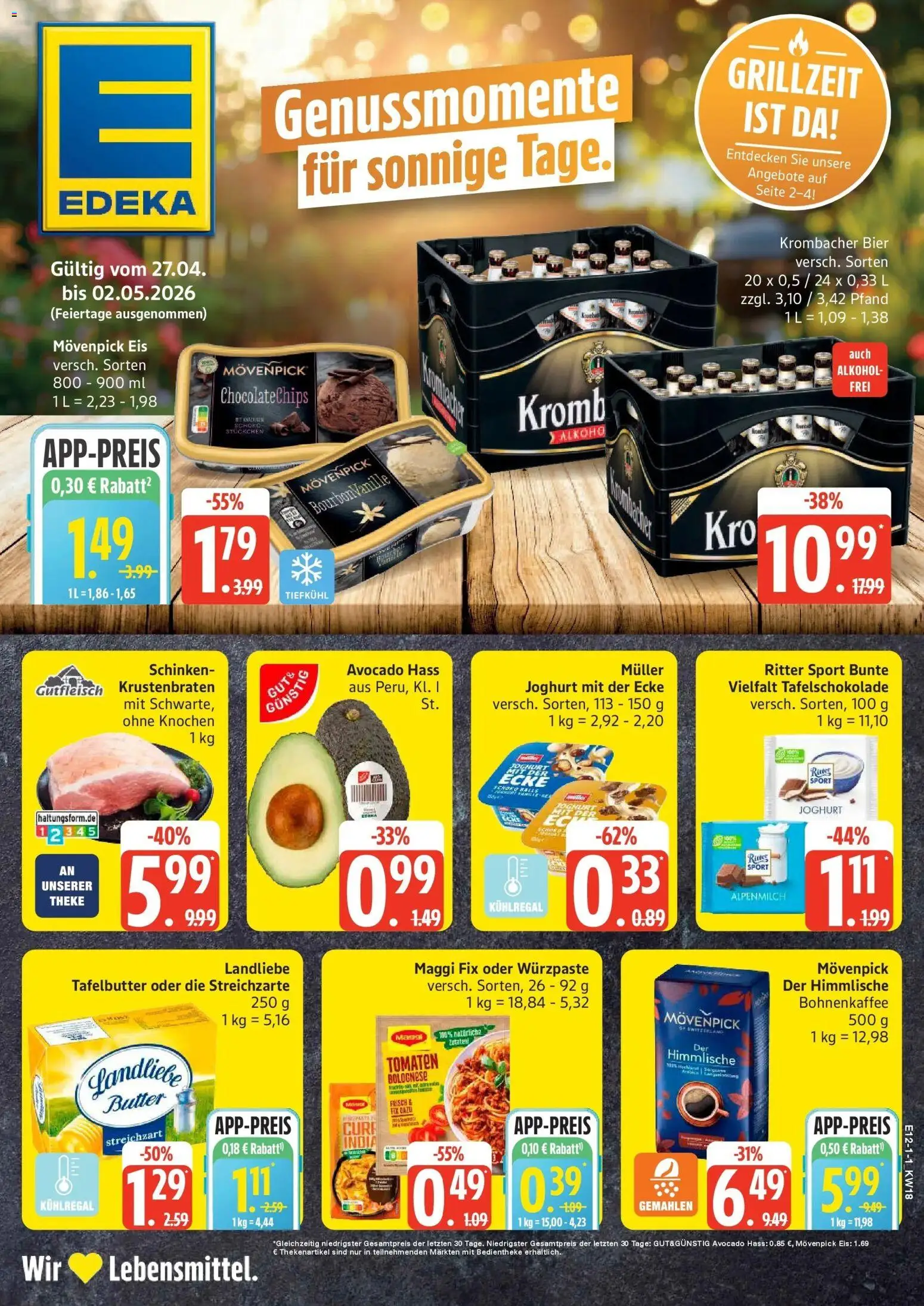 Vorschau von dem Prospekt des Geschäftes Edeka, gültig ab dem 27.04.2026 - Bier, Avocado, Maggi, Alkohol, Schinken, Theke, Maggi fix, Landliebe butter