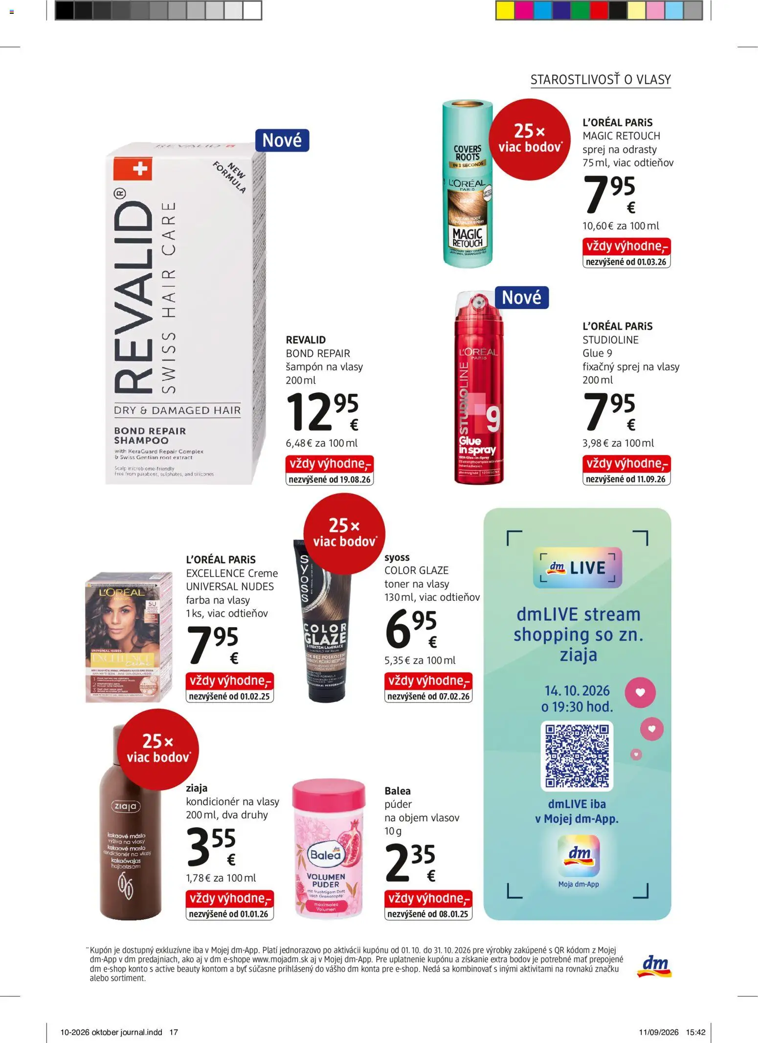 Náhľad dm drogerie letáku platného od 01.10.2026 - Maslo, Farba na vlasy, Toner, Šampón, Mattoni, Kakaové maslo, Kondicionér, Púder