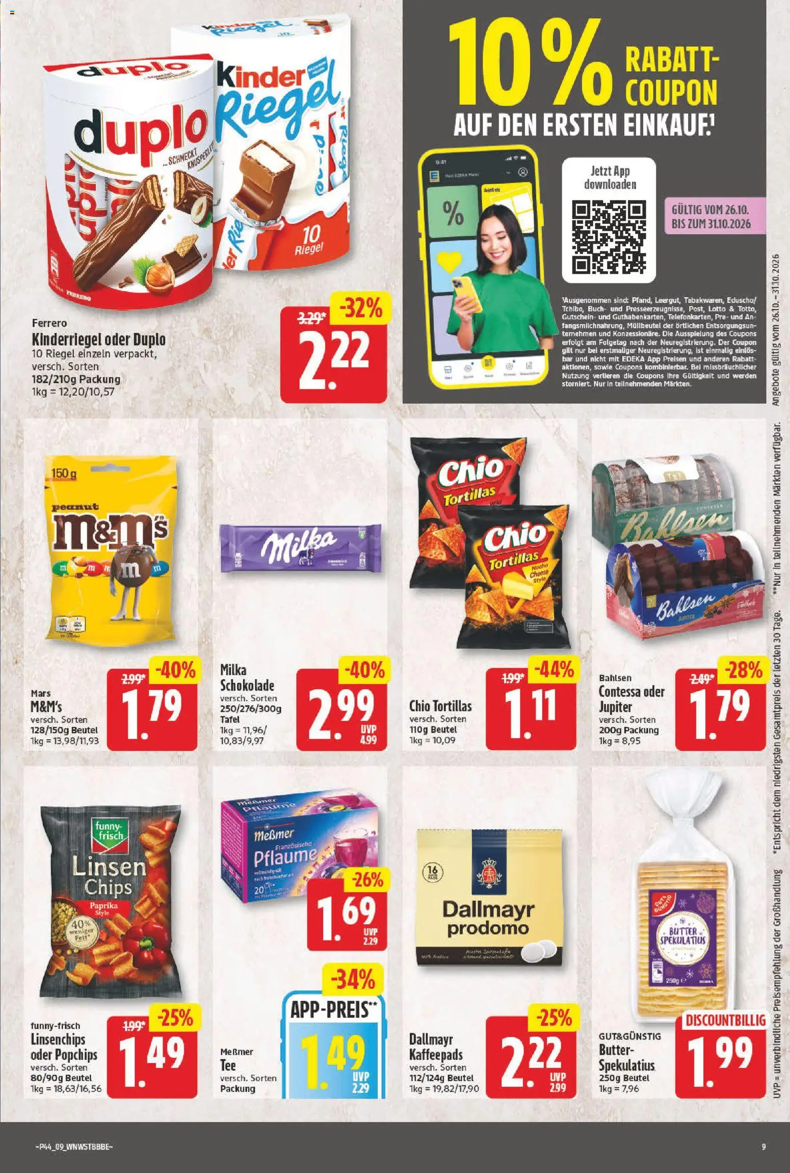 Vorschau von dem Prospekt des Geschäftes NP Discount, gültig ab dem 26.10.2026 - Chips, Tortillas, Mars, Milka, Dallmayr, Paprika, Kaffeepads, M&M's