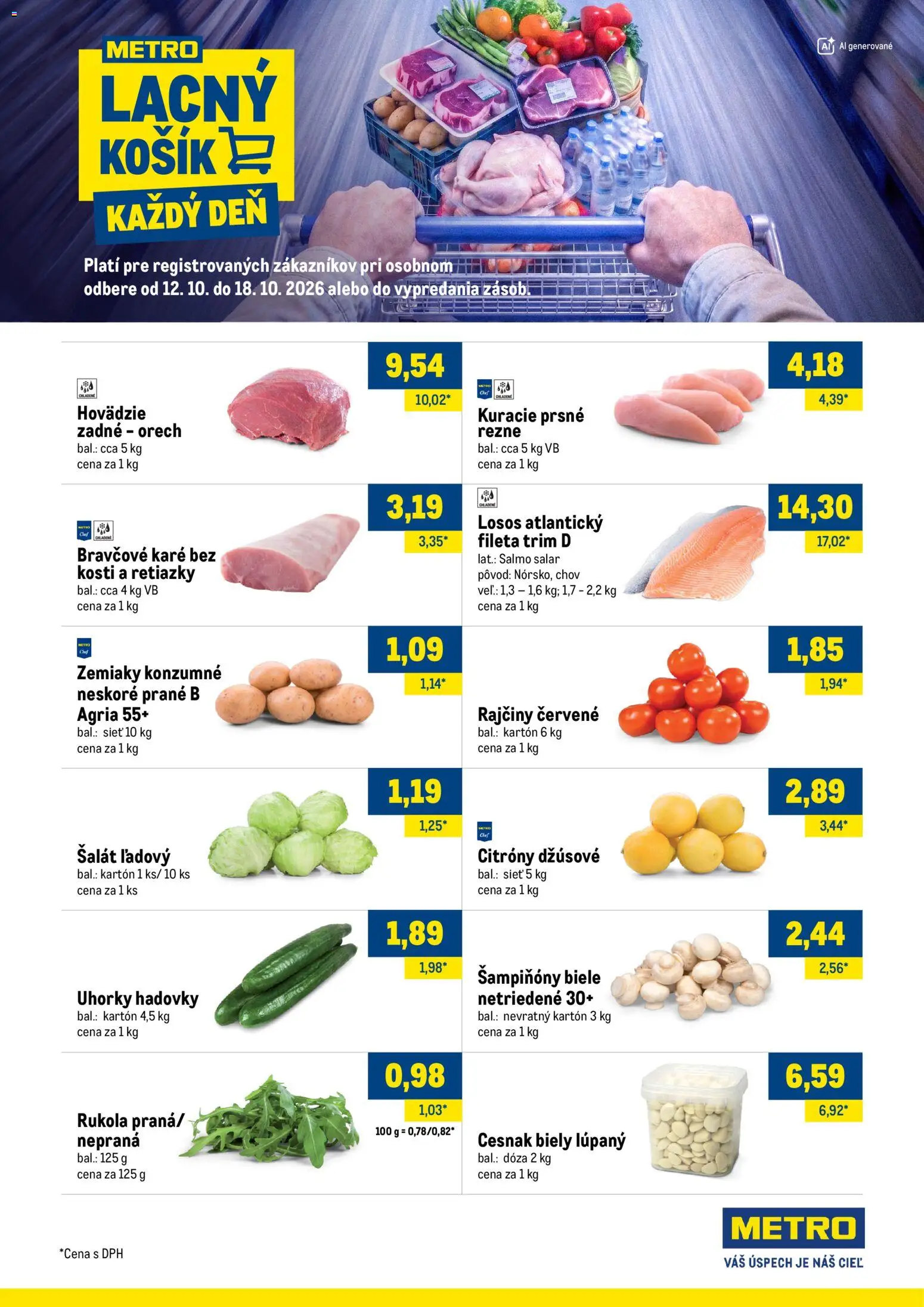 Náhľad Metro letáku platného od 12.10.2026 - Losos, Bravčové karé, Šalát, Zemiaky, Šampiňóny, Rezne, Uhorky, Prsné rezne