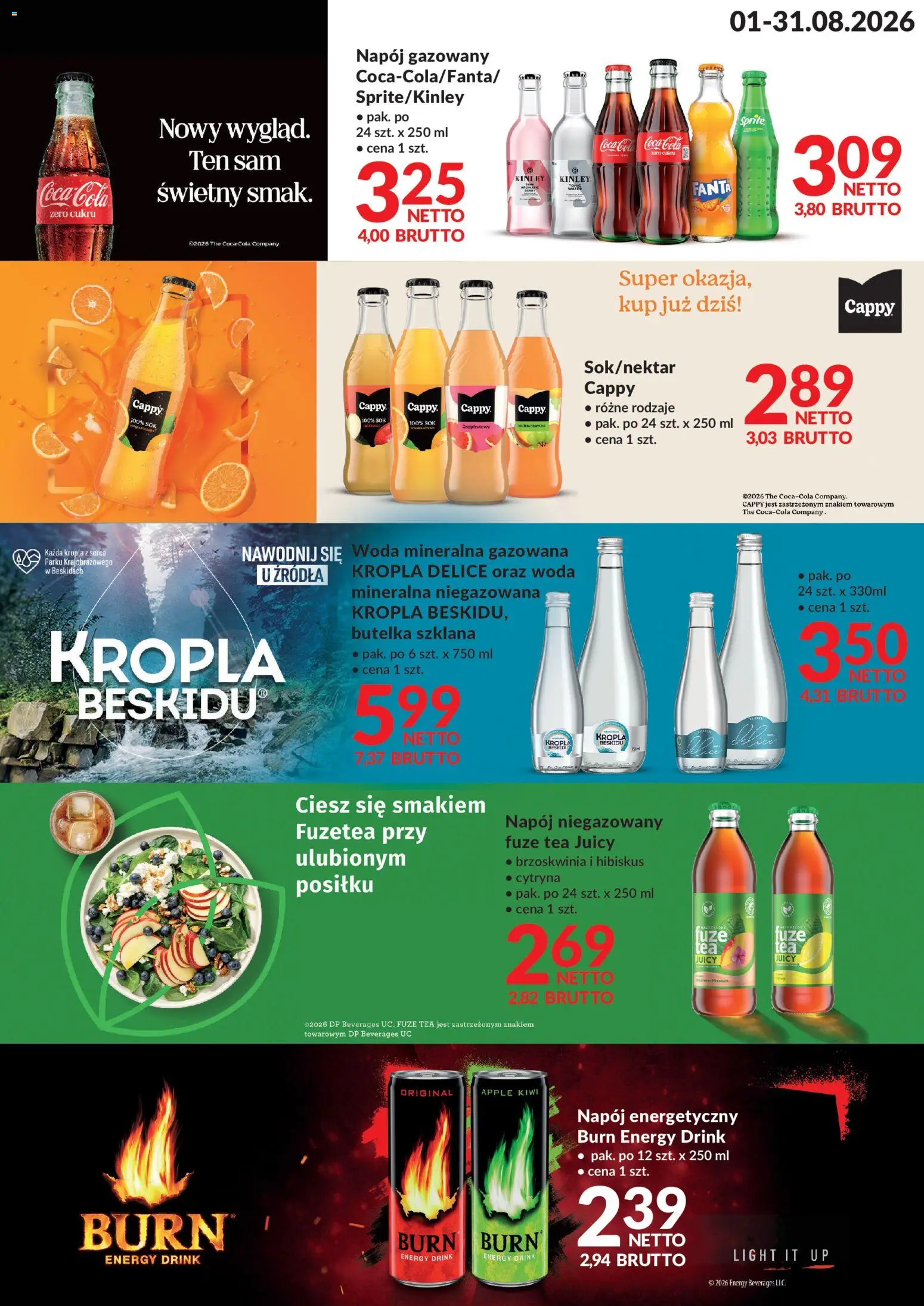 Pogląd gazetki "Makro gazetka - Napoje" ze sklepu Makro ważnej od 01.08.2026 - Woda, Brzoskwinia, Cytryna, Sok, Sprite, Fanta, Woda mineralna, Napój energetyczny