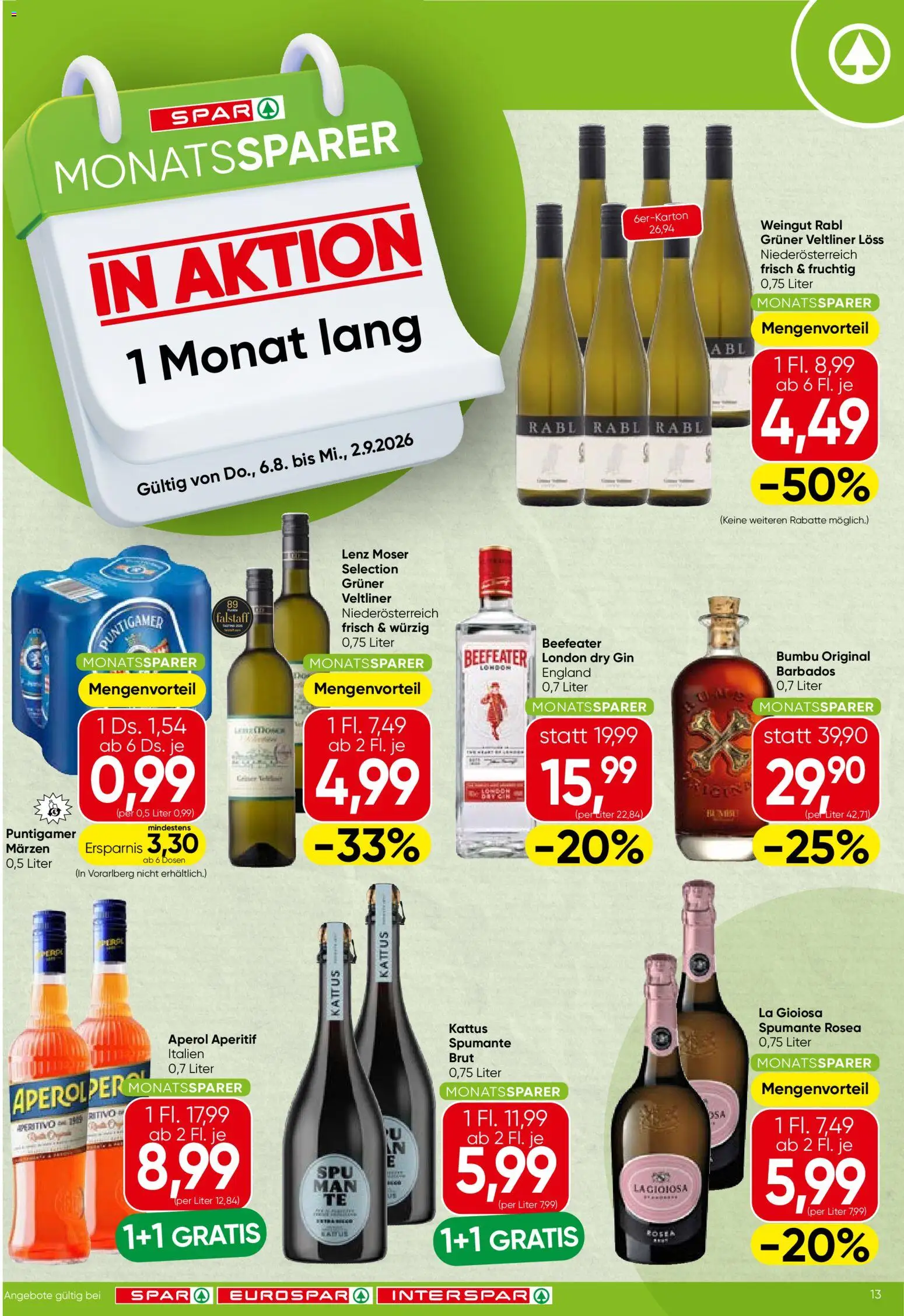 Vorschau der Angebote: Spar Monatssparer gültig ab 06.08.2026 - Aperol, Gin