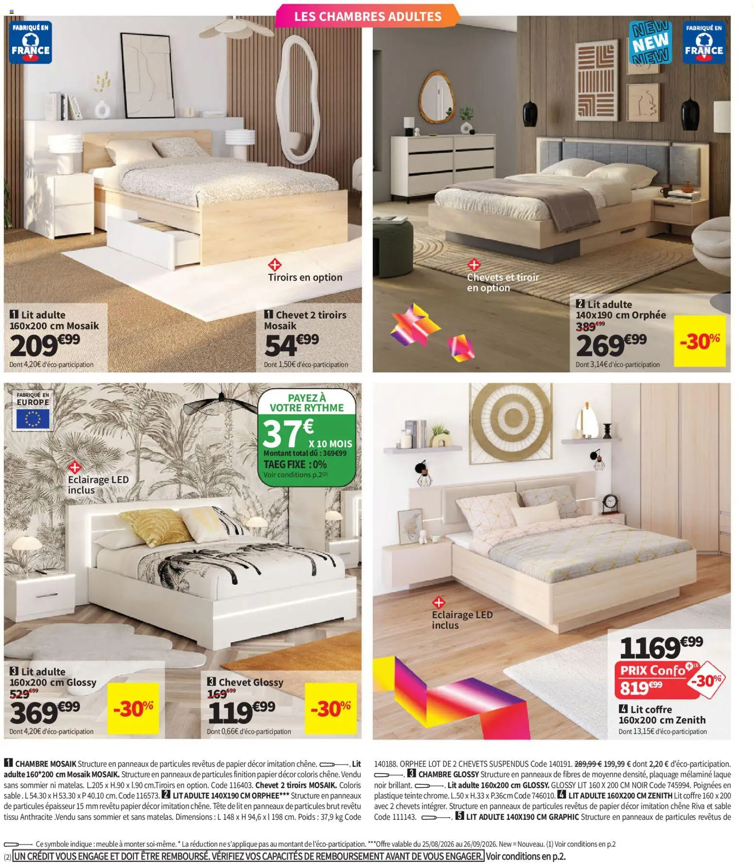 Prévisualisation de Conforama catalogue du magasin Conforama formulaire valide 25/08/2026 - Tête de lit, Lit, Lit coffre, Sable, Poignées, Éclairage, Tiroirs, Laque