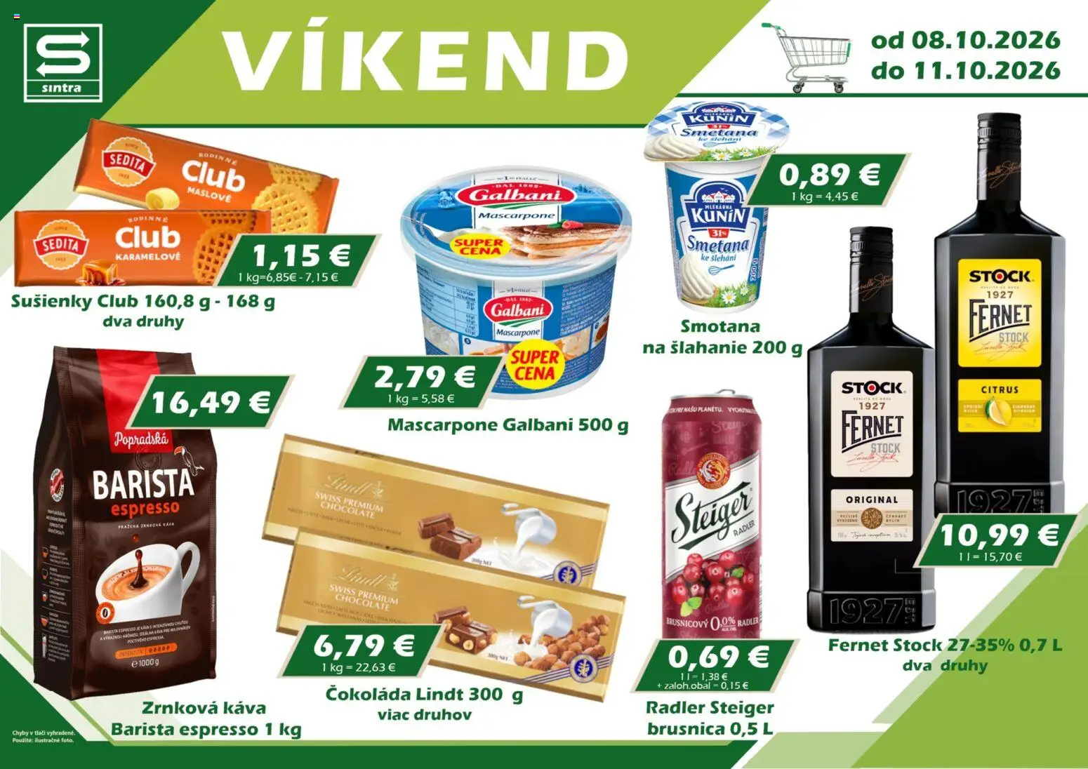 Náhľad Sintra letáku platného od 08.10.2026 - Káva, Čokoláda, Mascarpone, Lindt, Fernet, Smotana, Steiger, Fernet Stock