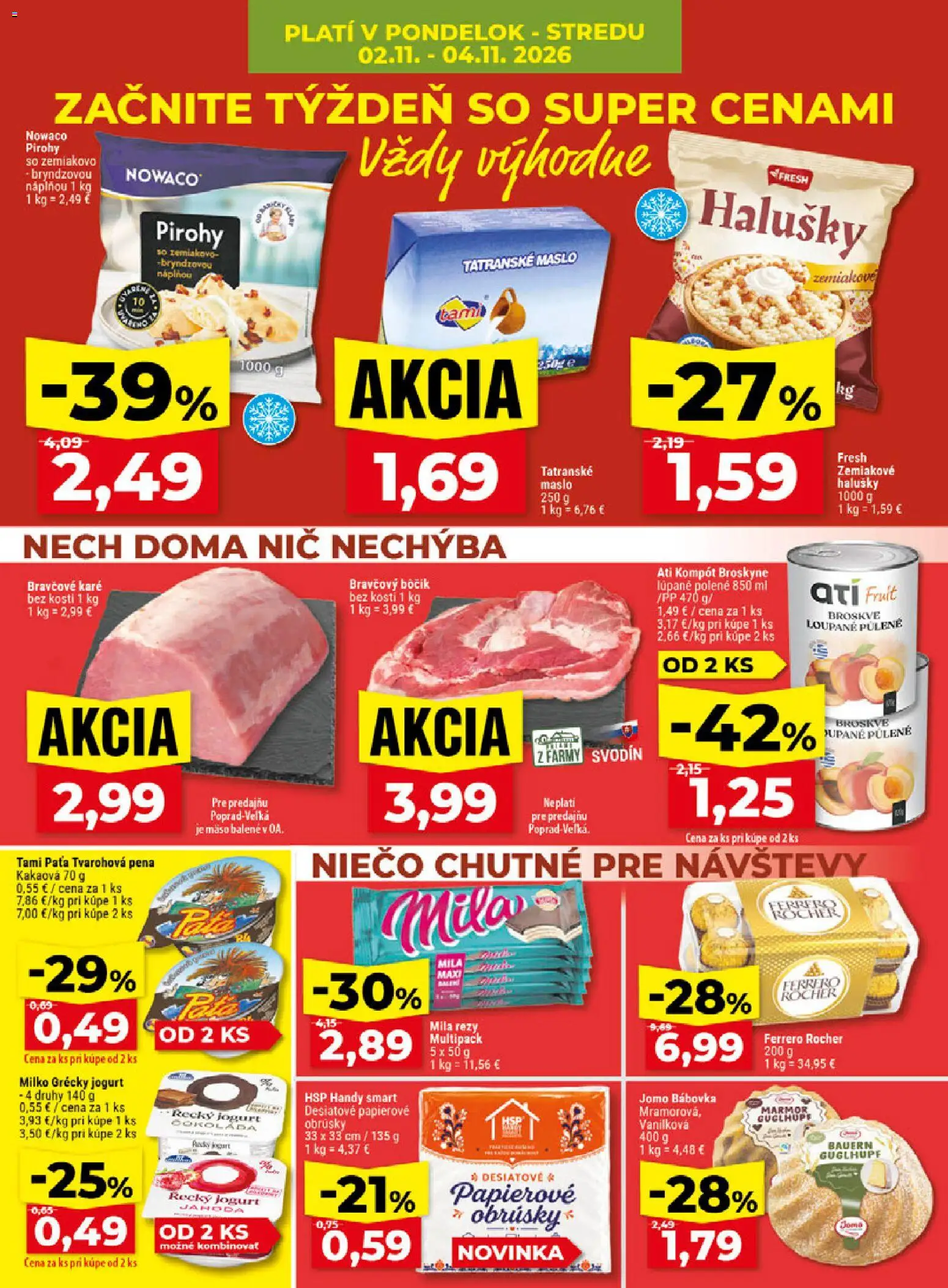 Náhľad Klas letáku platného od 02.11.2026 - Mäso, Pirohy, Bravčové karé, Ferrero Rocher, Jogurt, Broskyne, Pena, Tatranské maslo