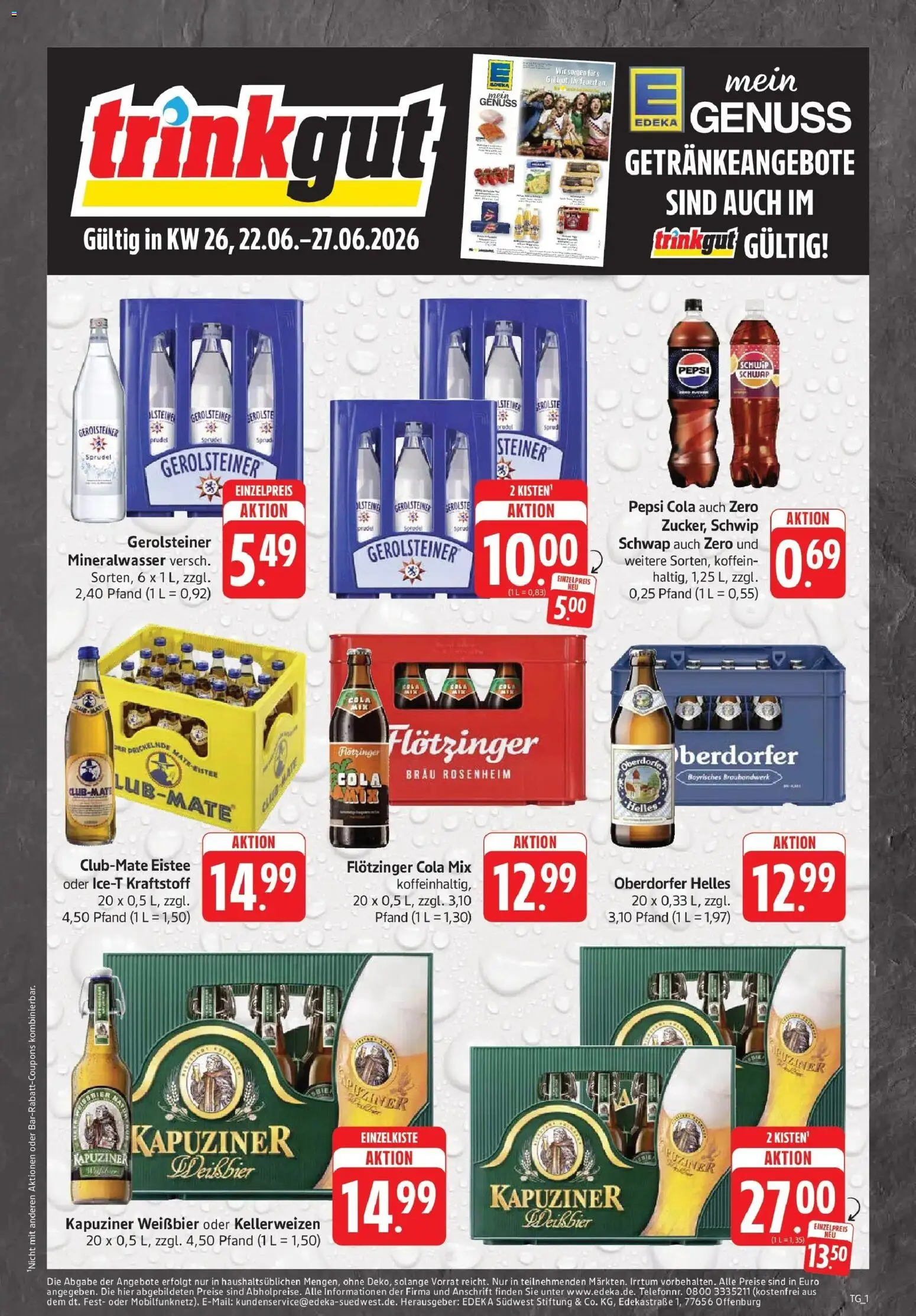 Vorschau von dem Prospekt des Geschäftes Trinkgut, gültig ab dem 21.06.2026 - Cola, Mineralwasser, Gerolsteiner, Pepsi, Schwip schwap, Weißbier