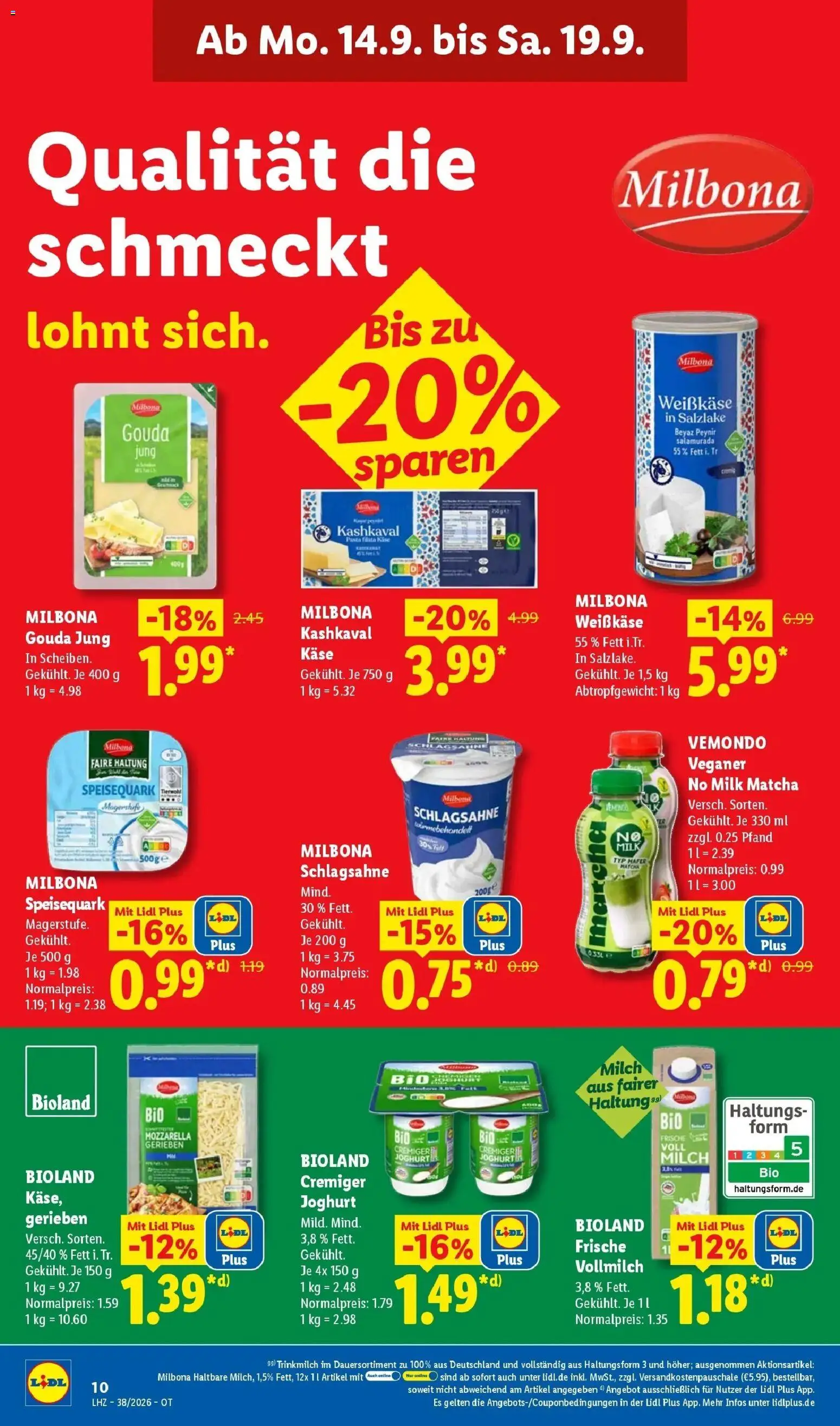 Vorschau von dem Prospekt des Geschäftes Lidl, gültig ab dem 14.09.2026 - Käse, Joghurt, Quark, Mozzarella, Tür, Schlagsahne, Gouda, Speisequark