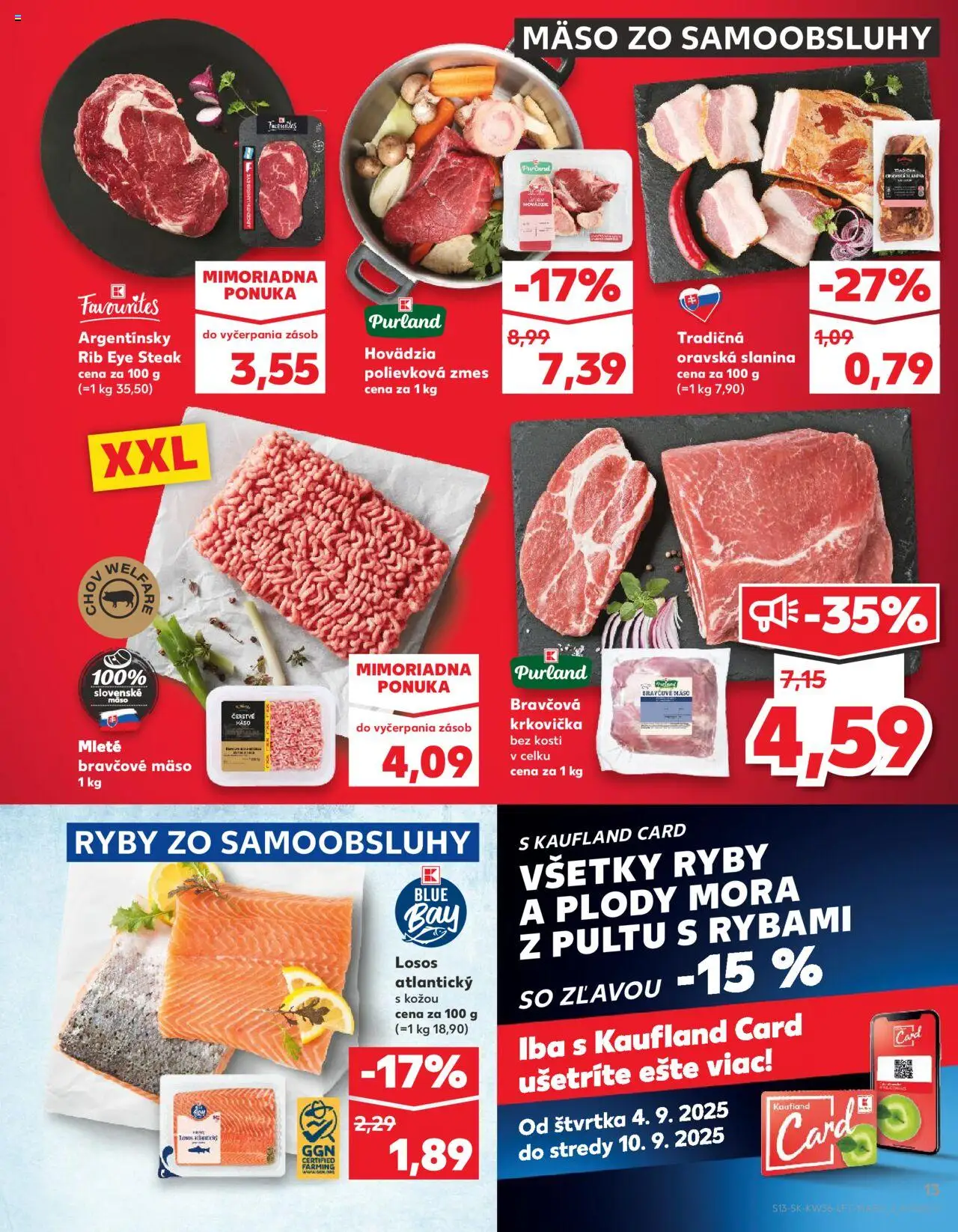 Náhľad Kaufland letáku platného od 04.09.2025 - Mäso, Steak, Ryby, Losos, Krkovička, Slanina, Bravčová krkovička, Bravčové mäso