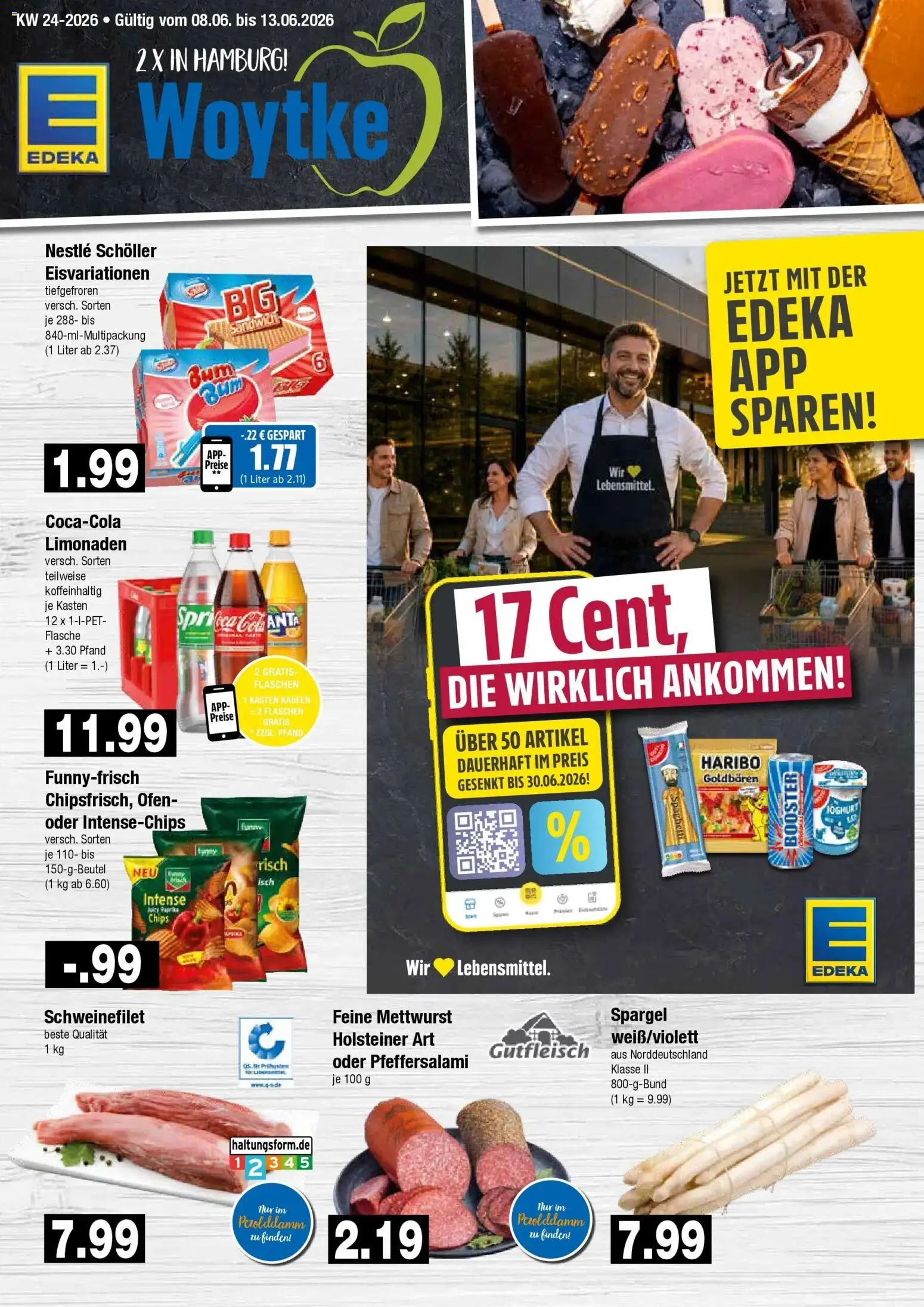 Vorschau von dem Prospekt des Geschäftes Edeka, gültig ab dem 08.06.2026 - Chips, Haribo, Joghurt, Spargel, Ofen, Schweinefilet