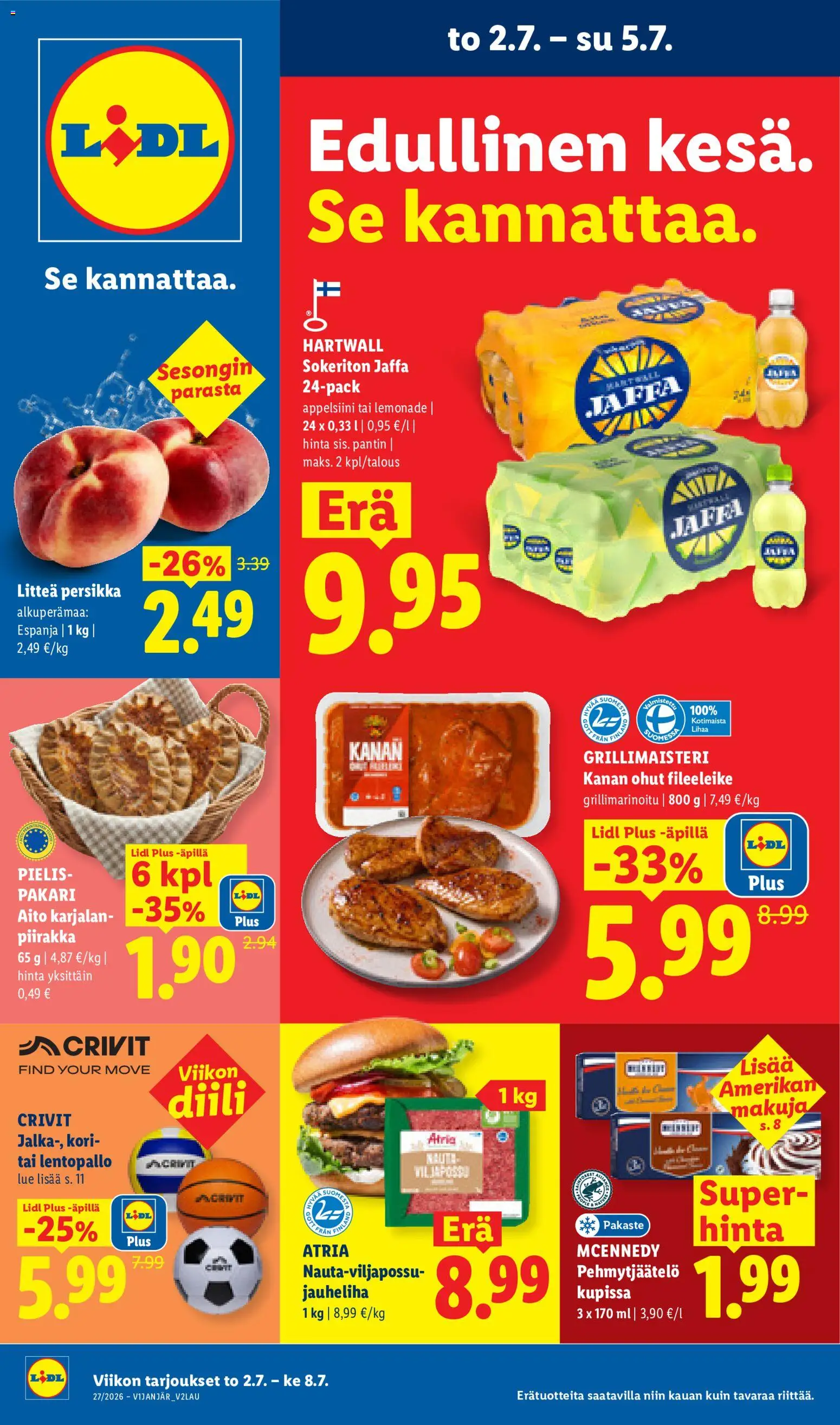 Kaupan Lidl Lidl tarjoukset - Tampere esikatselu, voimassa 02/07/2026 - Persikka, Jauheliha, Piirakka, Kori