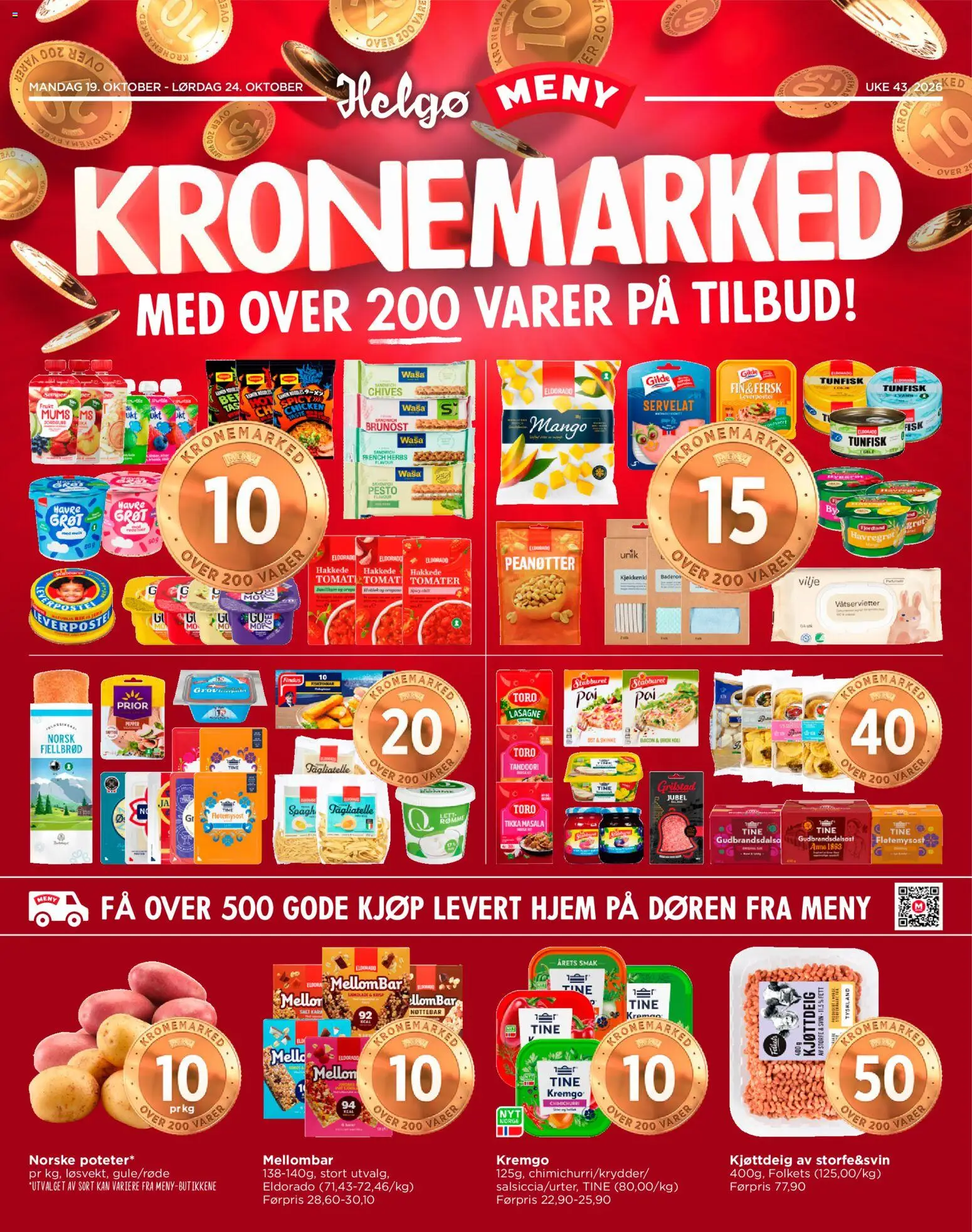 Forhåndsvis Meny Helgø kundeavis fra butikk Meny gyldig fra 19/10/2026 - Fjordland, Frukt, Lasagne, Brunost, Servelat, Brokkoli, Kjøttdeig 400 g, Grilstad