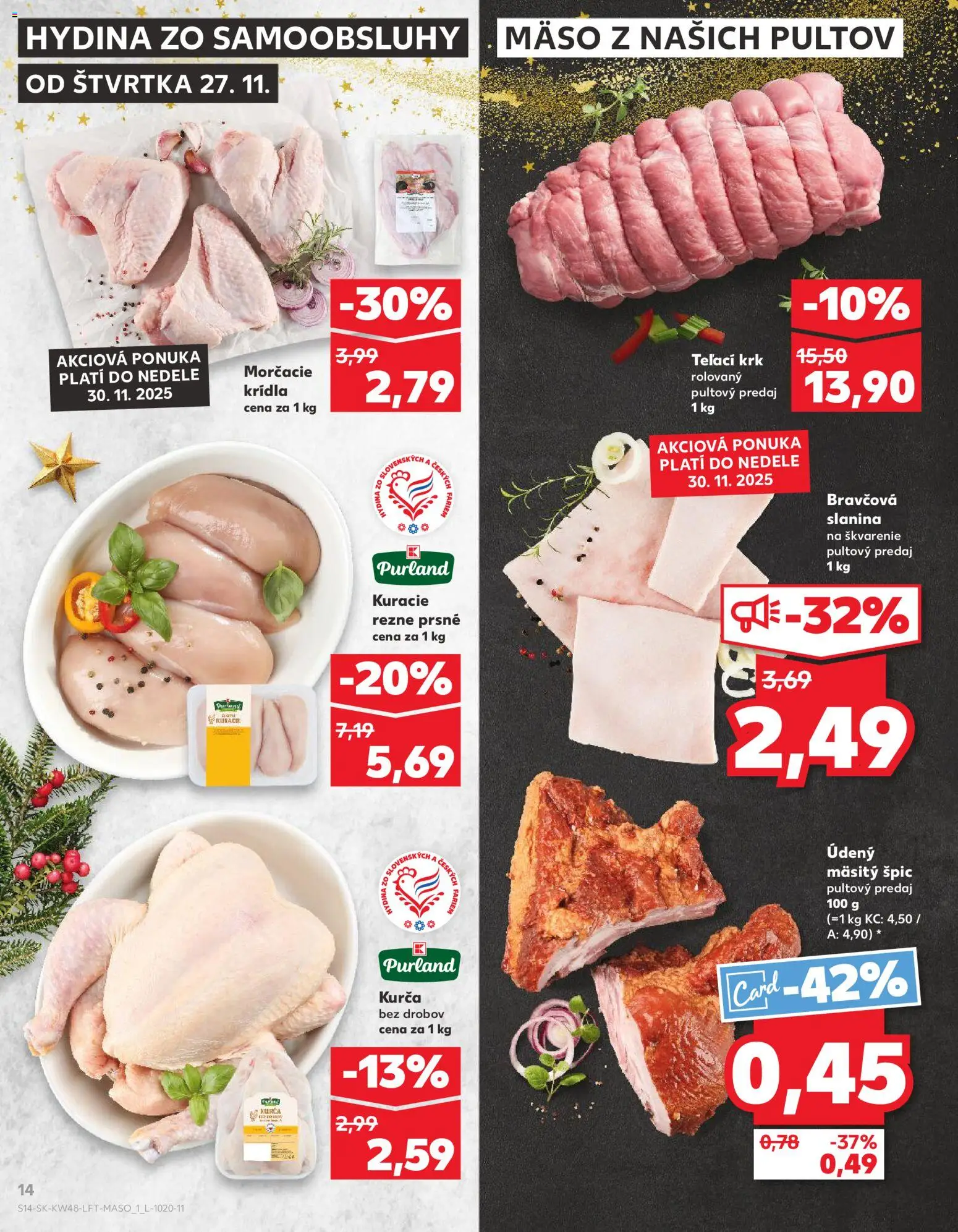 Náhľad Kaufland letáku platného od 27.11.2025 - Mäso, Kuracie rezne, Slanina, Kurča
