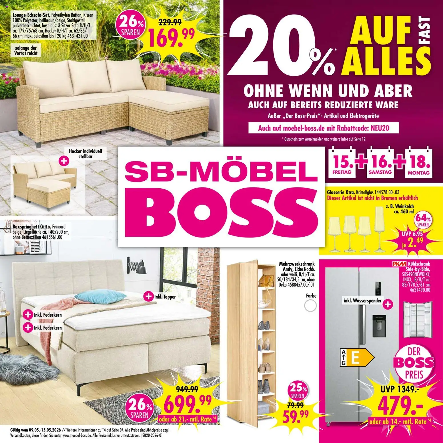Vorschau von dem Prospekt des Geschäftes SB Möbel Boss, gültig ab dem 09.05.2026 - Kühlschrank, Boxspringbett, Kissen, Hocker, Topper
