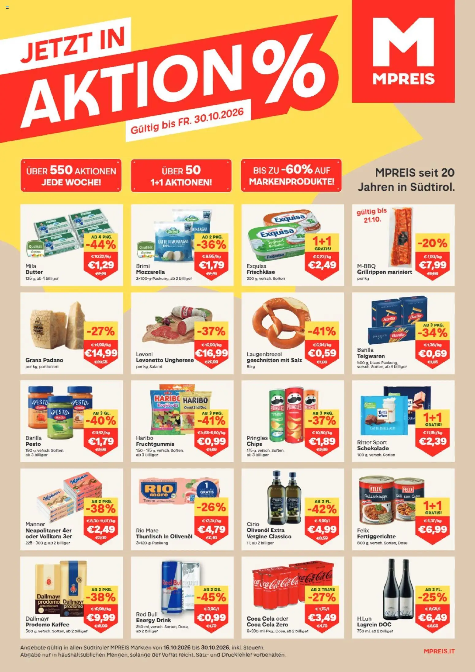 Vorschau der Angebote: MPREIS MPREIS Flugblatt gültig ab 16.10.2026 - Schokolade, Chips, Spaghetti, Butter, Salz, Barilla, Salami, Fertiggerichte