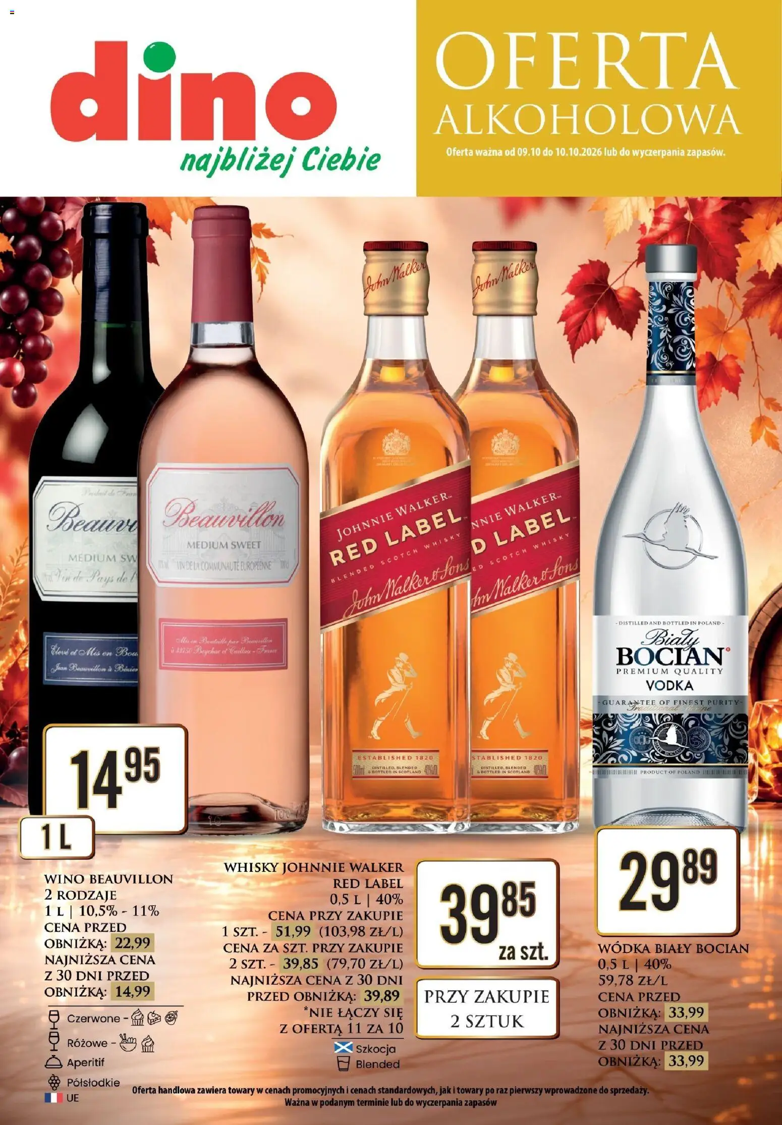 Pogląd gazetki "Dino gazetka alkoholowa" ze sklepu Dino ważnej od 09.10.2026 - Whisky, Wino, Wódka, Red label, Aperitif, Vodka, Biały Bocian, Scotch whisky