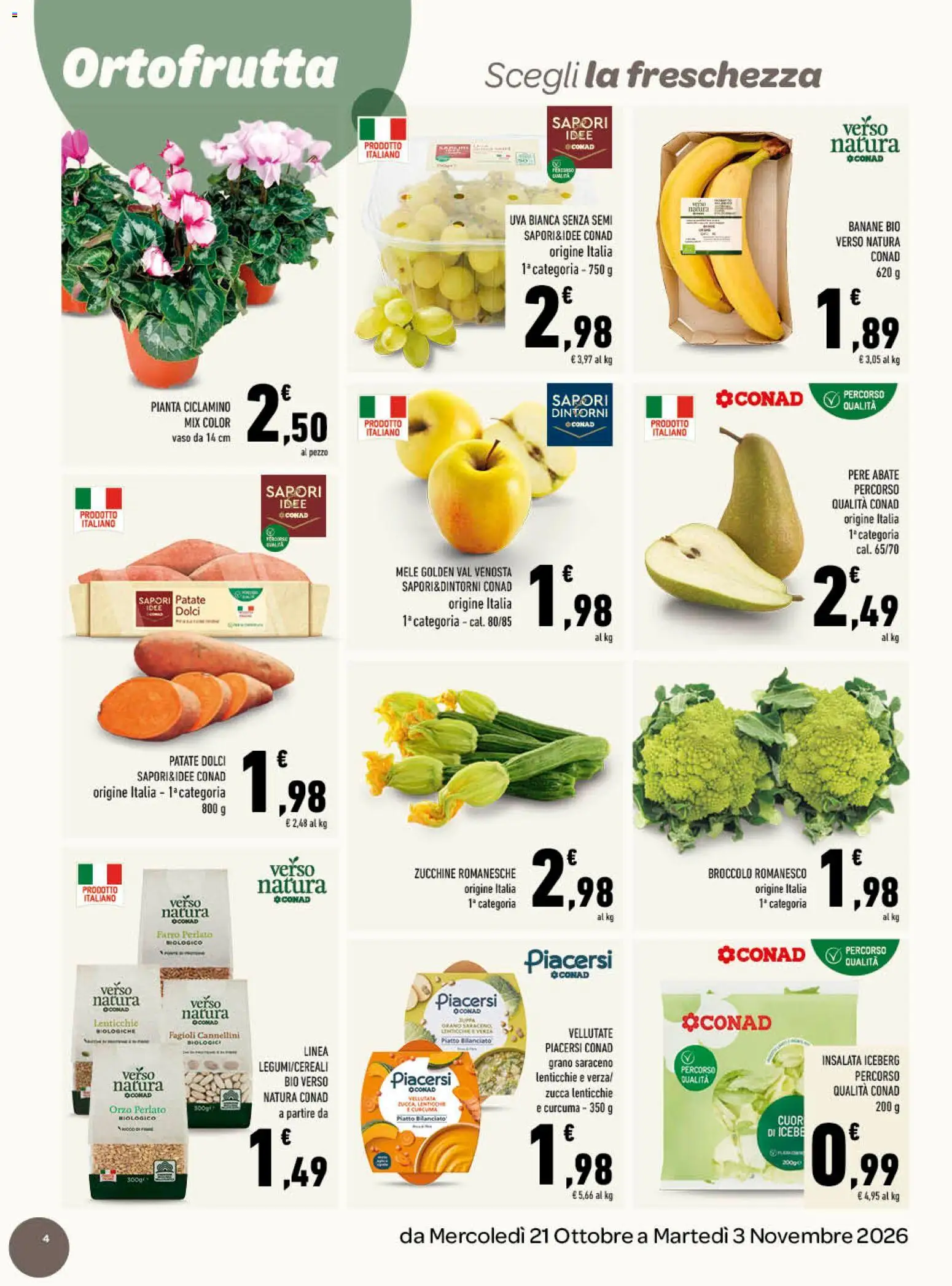 Anteprima dell'opuscolo Conad volantino Cena d'autore gourmet Lazio dal negozio Conad valido da 21/10/2026 - Dolci, Insalata, Piatto, Lenticchie, Patate, Mele, Vaso, Banane