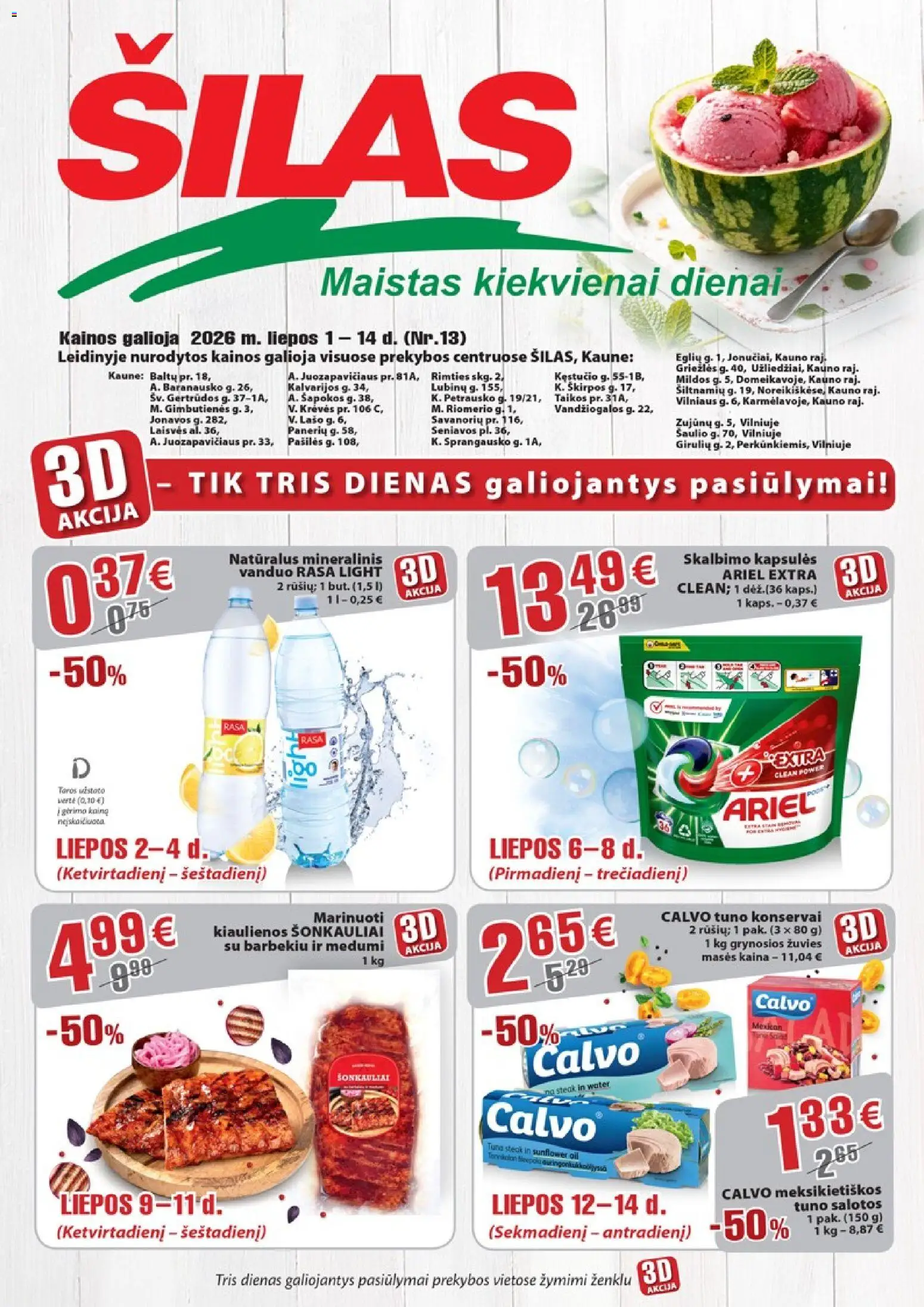 Šilas parduotuvės leidinio Šilas leidinys galiojančio nuo 2026.07.01 peržiūra - Vanduo, Salotos, Konservai, Kiaulienos, Kapsulės