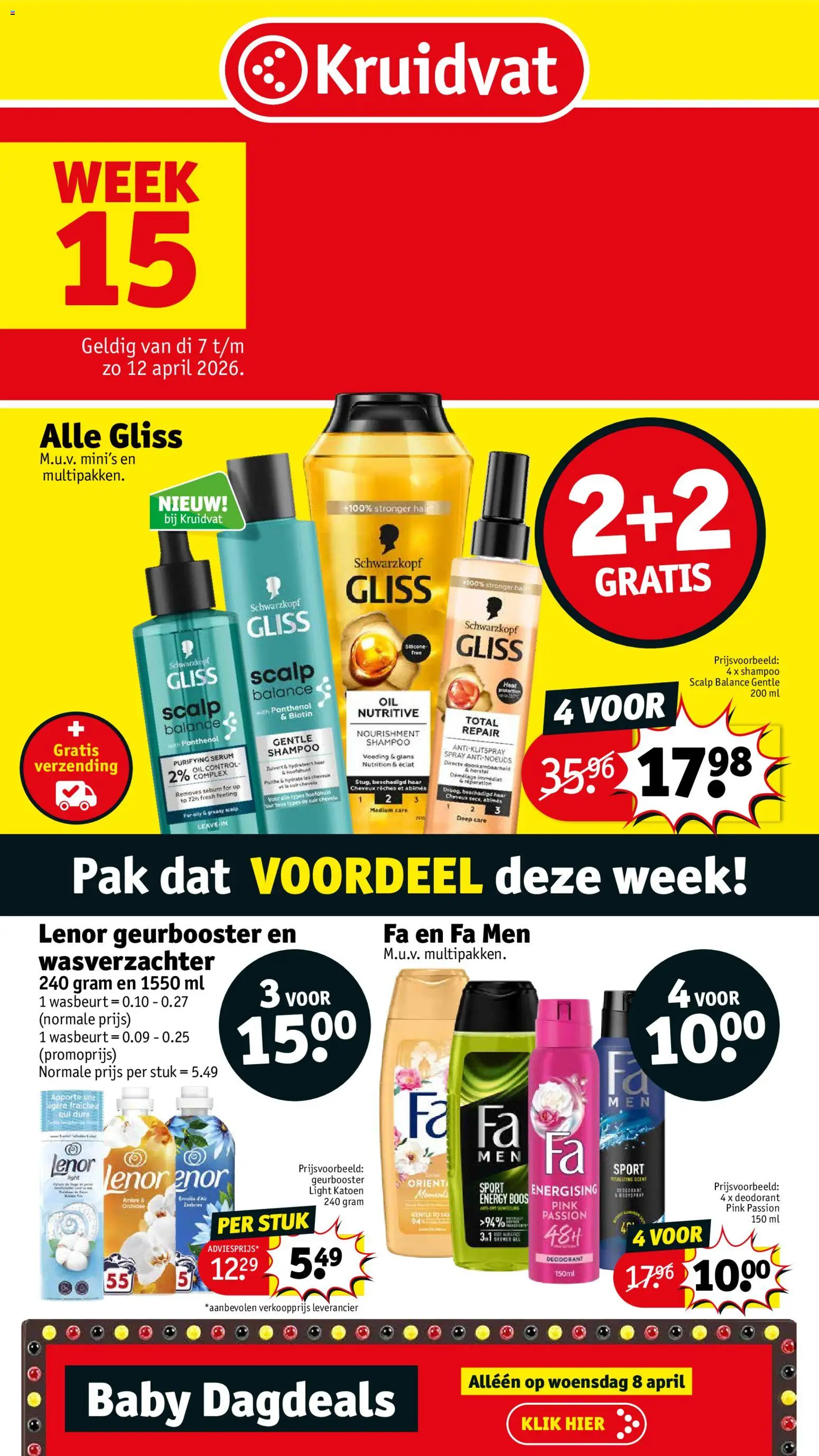 Voorbeeld van Kruidvat Folder week 15 van winkel Kruidvat geldig vanaf 07/04/2026 - Shampoo, Deodorant, Wasverzachter