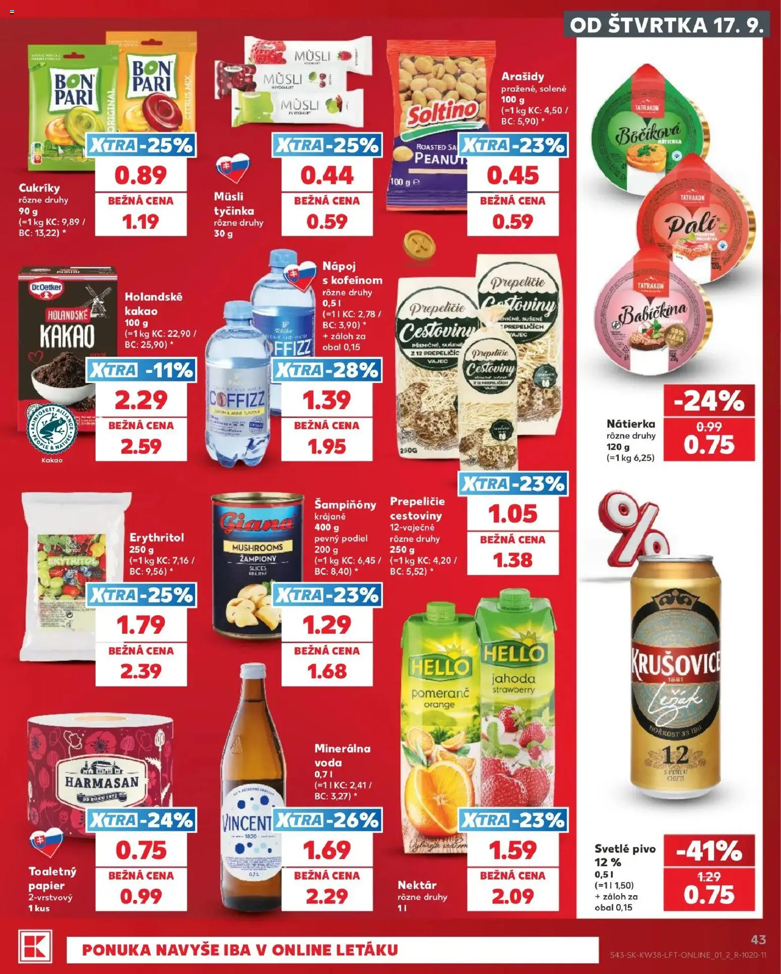 Náhľad Kaufland letáku platného od 17.09.2026 - Voda, Pivo, Kakao, Krušovice, Arašidy, Nátierka, Holandské kakao, Müsli tyčinka