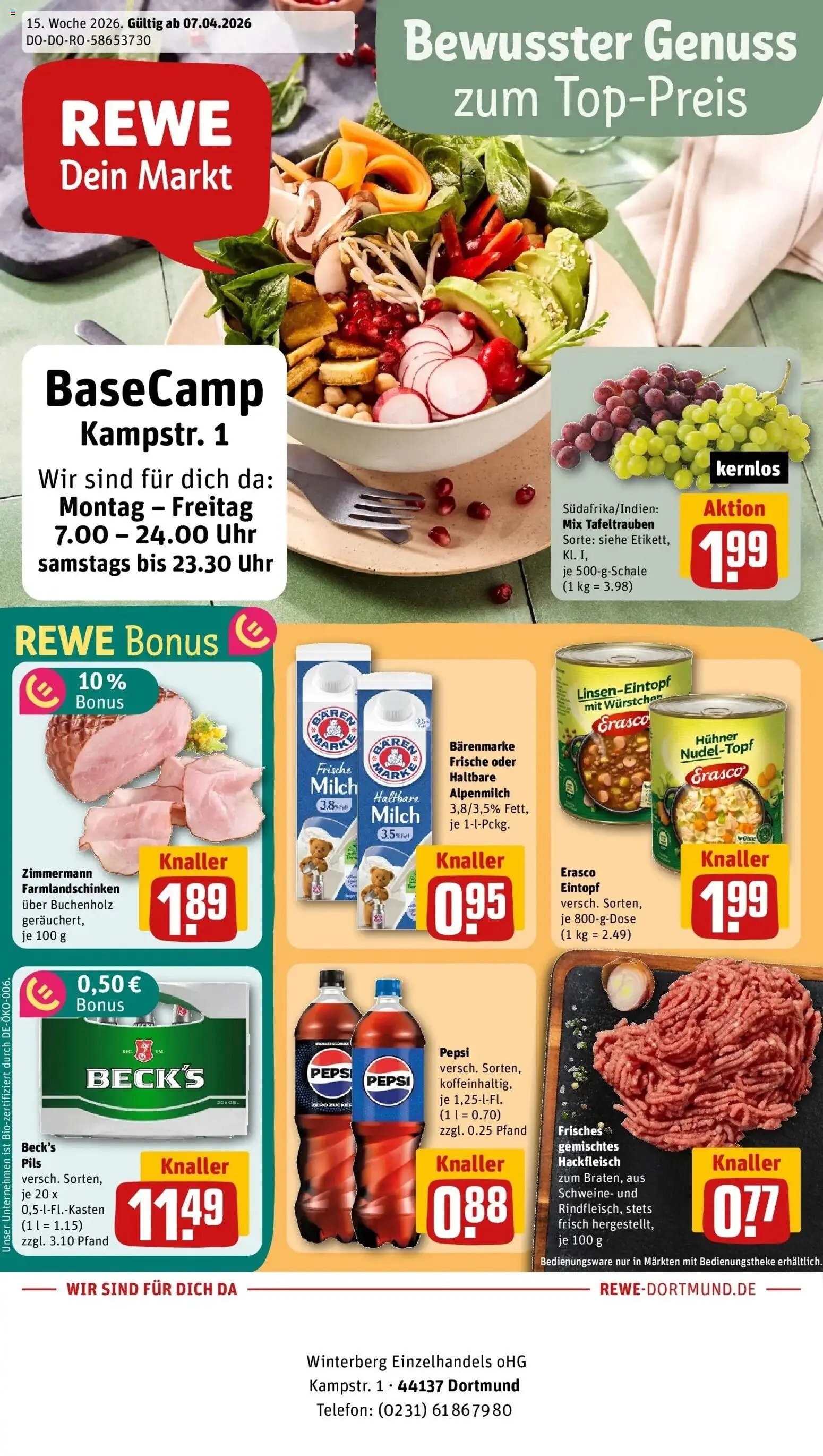 Vorschau von dem Prospekt des Geschäftes Rewe, gültig ab dem 05.04.2026 - Uhr, Telefon, Cola, Milch, Hackfleisch, Pepsi, Pils, Erasco