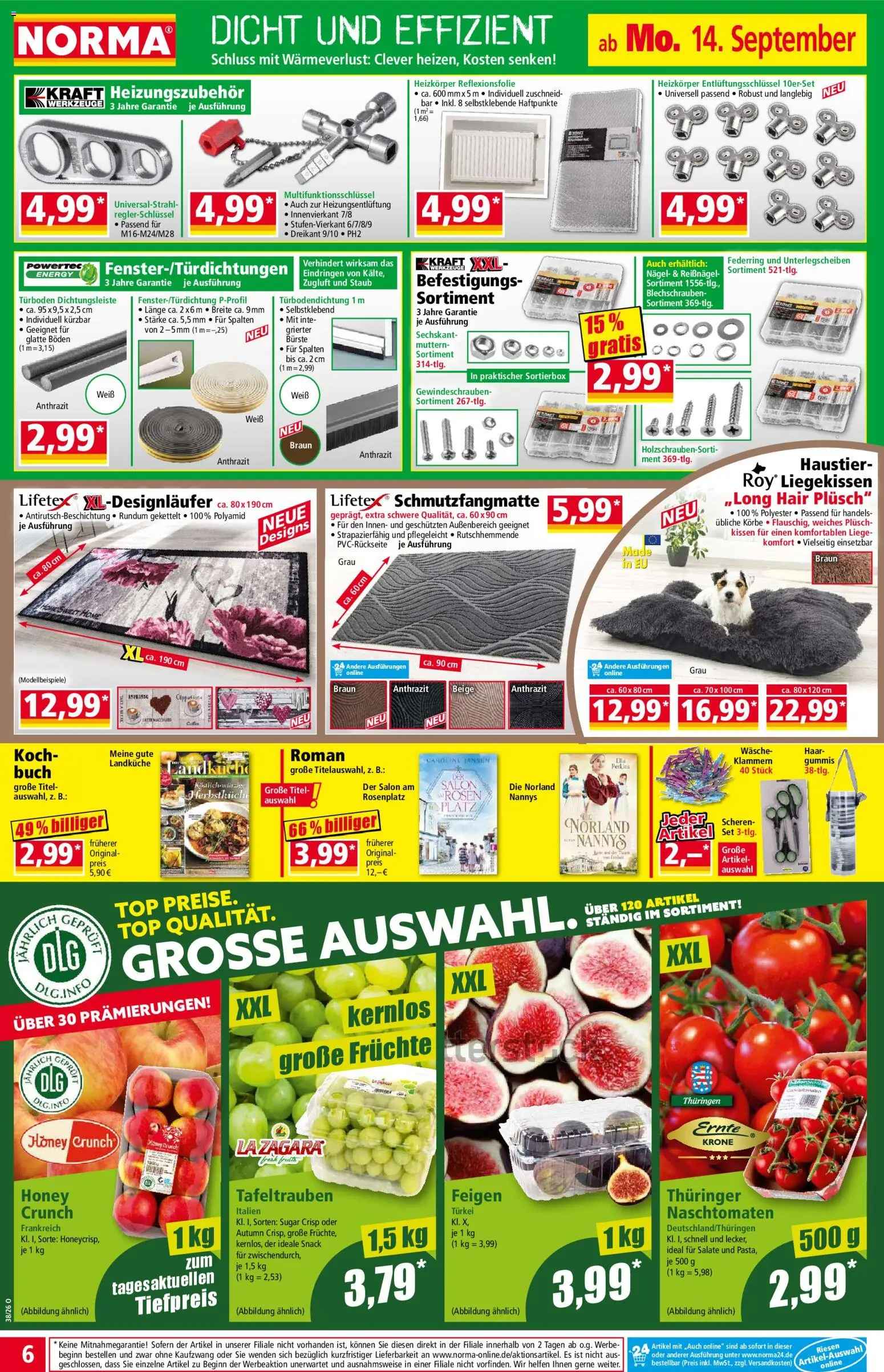 Vorschau von dem Prospekt des Geschäftes Norma, gültig ab dem 14.09.2026 - Heizkörper, Top, Kissen, Energy, Feigen, Liege, Schmutzfangmatte, Bürste