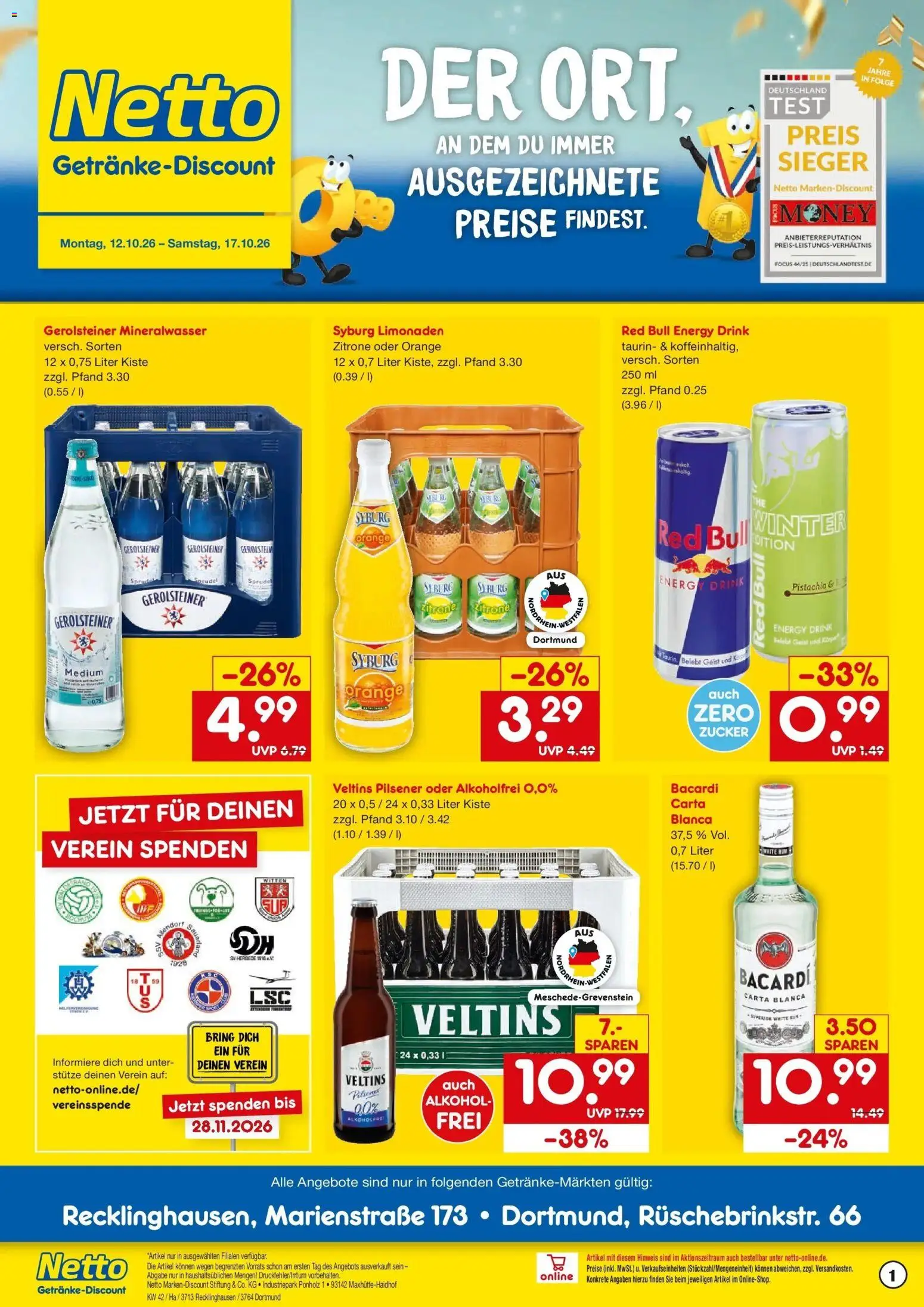 Vorschau von dem Prospekt des Geschäftes Netto Marken-Discount, gültig ab dem 12.10.2026 - Mineralwasser, Alkohol, Bacardi, Rum, Zucker, Zitrone, Energy, Veltins