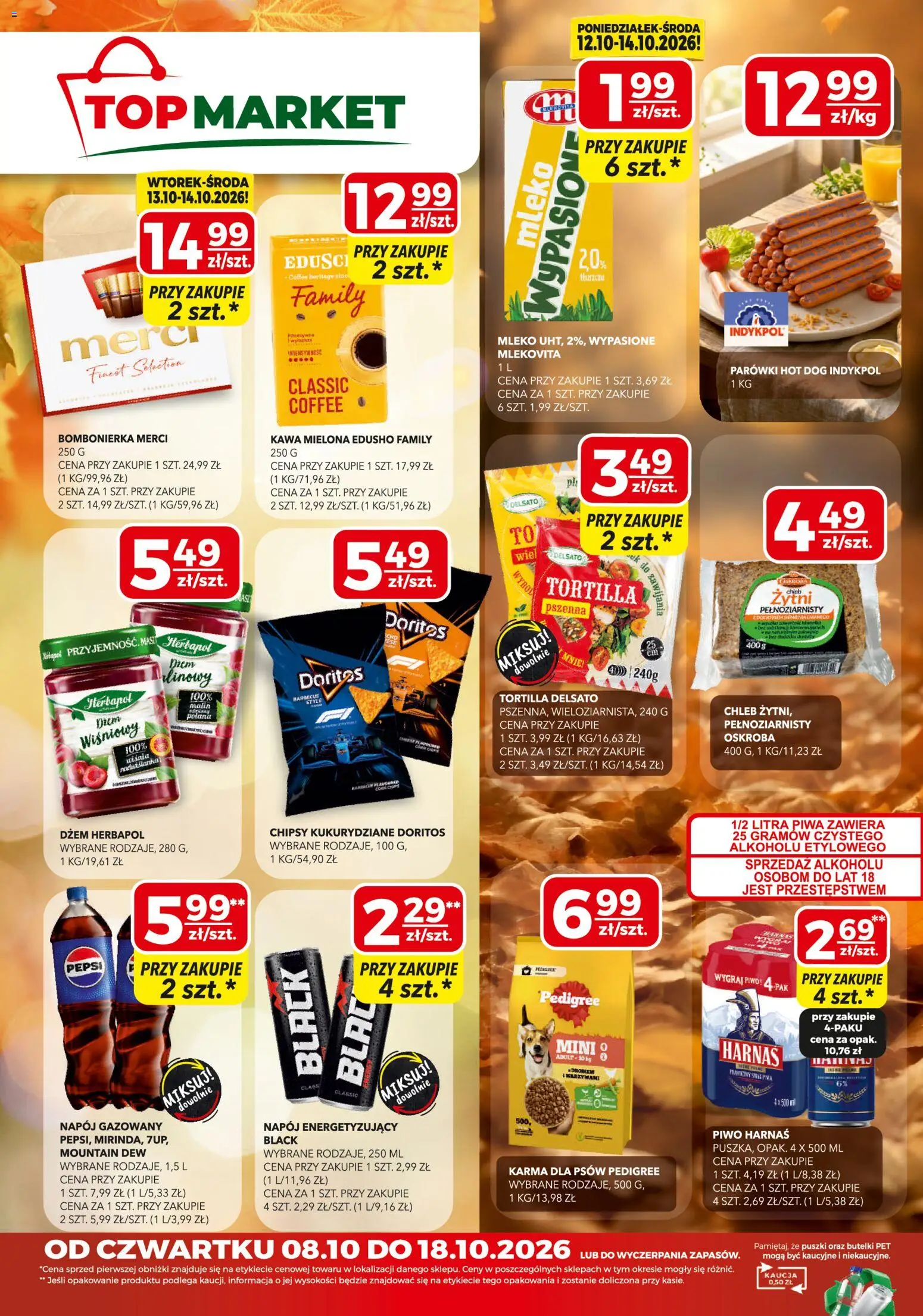 Pogląd gazetki "Top Market gazetka mini" ze sklepu Top Market ważnej od 08.10.2026 - Top, Chipsy, Merci, Doritos, Bombonierka, Harnaś, Pedigree, Piwo Harnaś